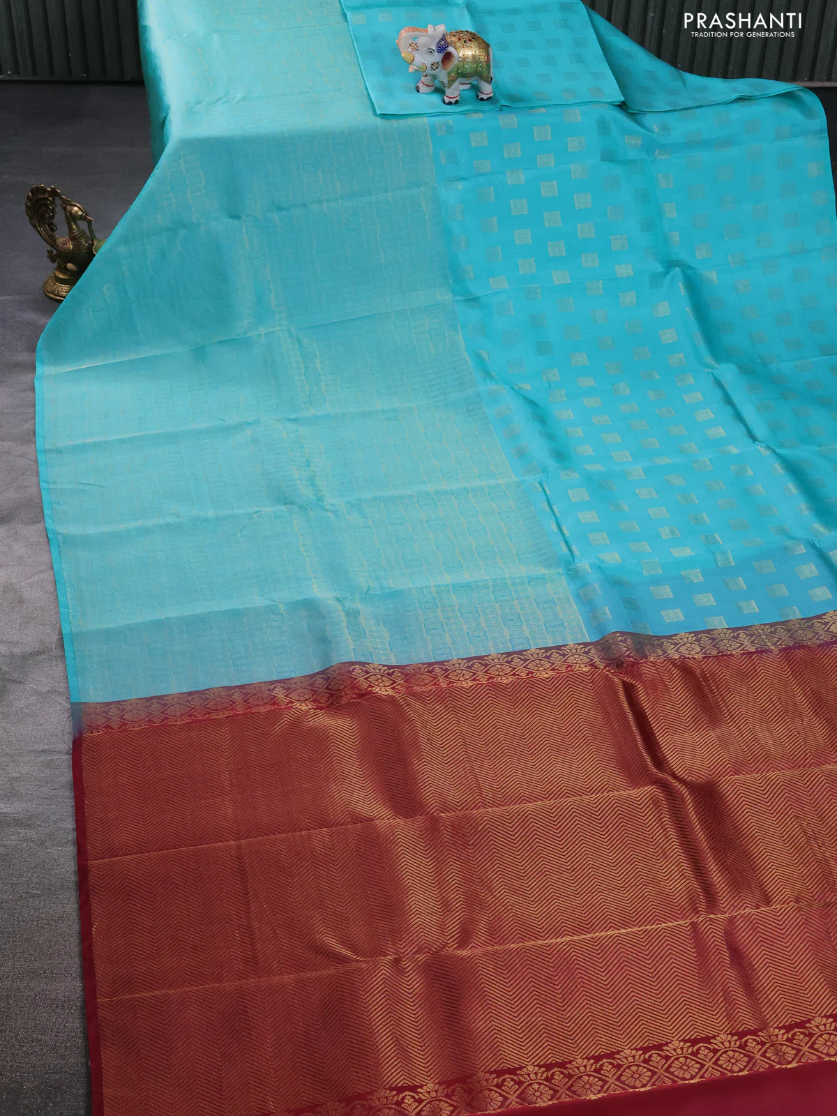 Kanchipuram silk saree teal blue and maroon with half & half style and rich zari woven border - Image 2