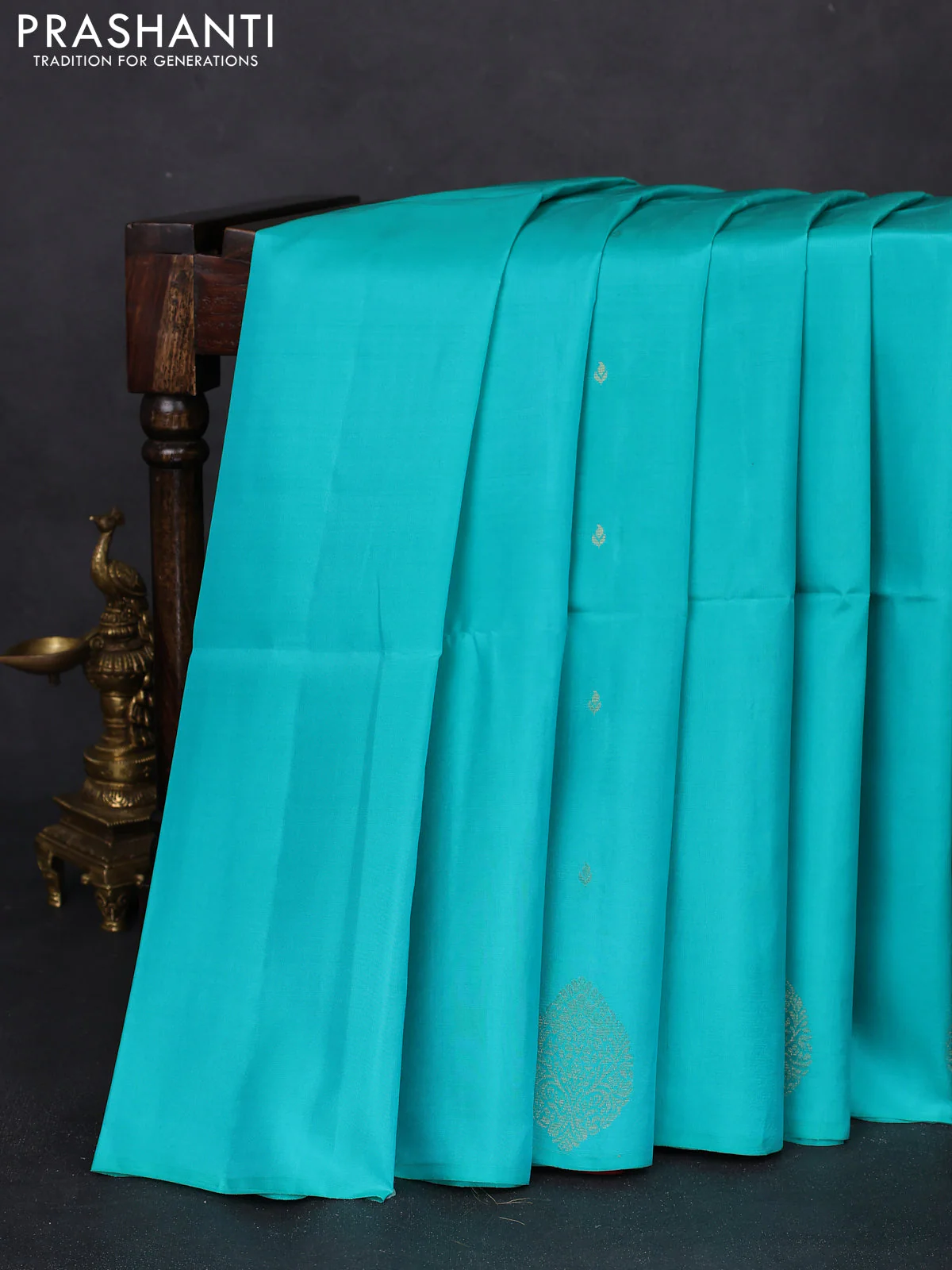 Kanchipuram silk saree teal blue and maroon with zari woven buttas in borderless style