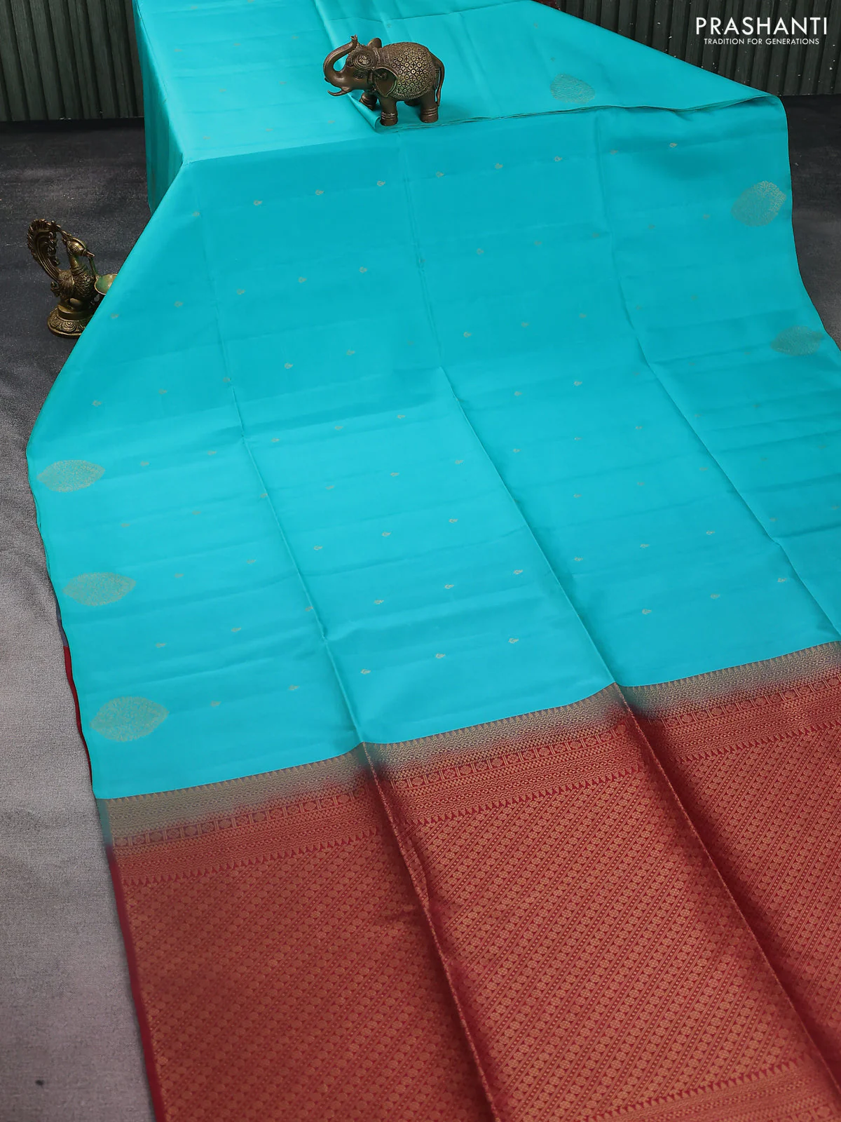 Kanchipuram silk saree teal blue and maroon with zari woven buttas in borderless style - Image 2