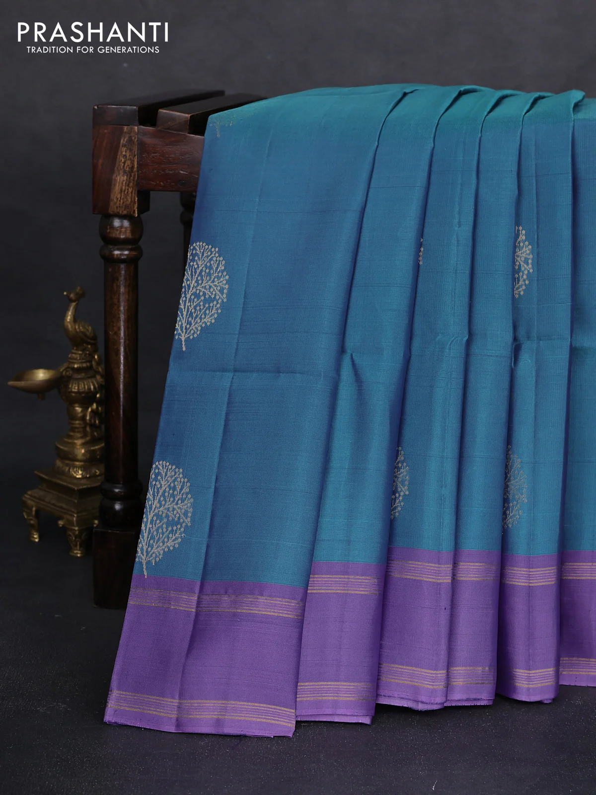 Kanchipuram silk saree teal blue and mild lavender with zari woven buttas and rettapet zari woven border
