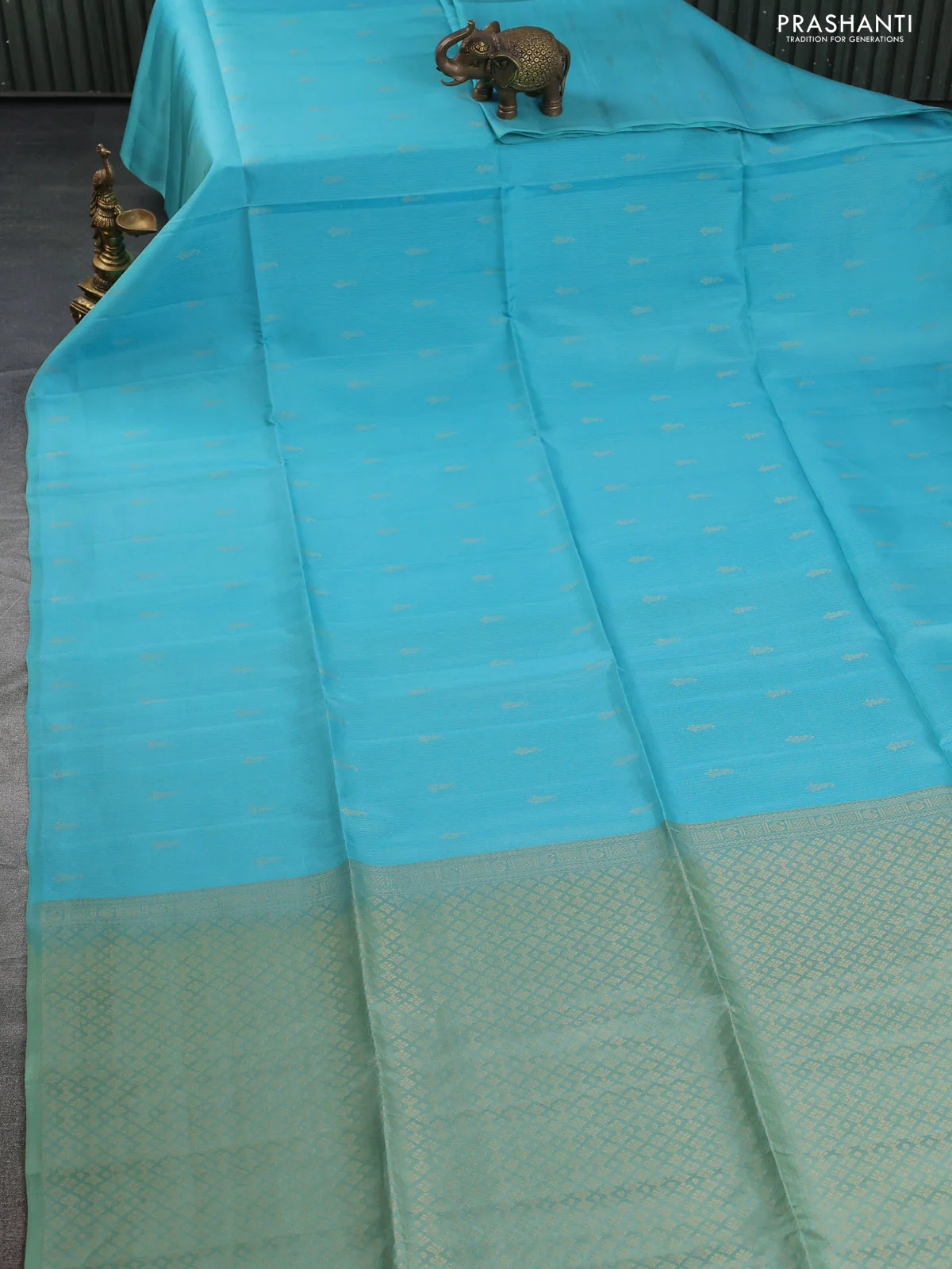 Kanchipuram soft silk saree teal blue and pastel green with allover zari weaves & buttas in borderless style - Image 2