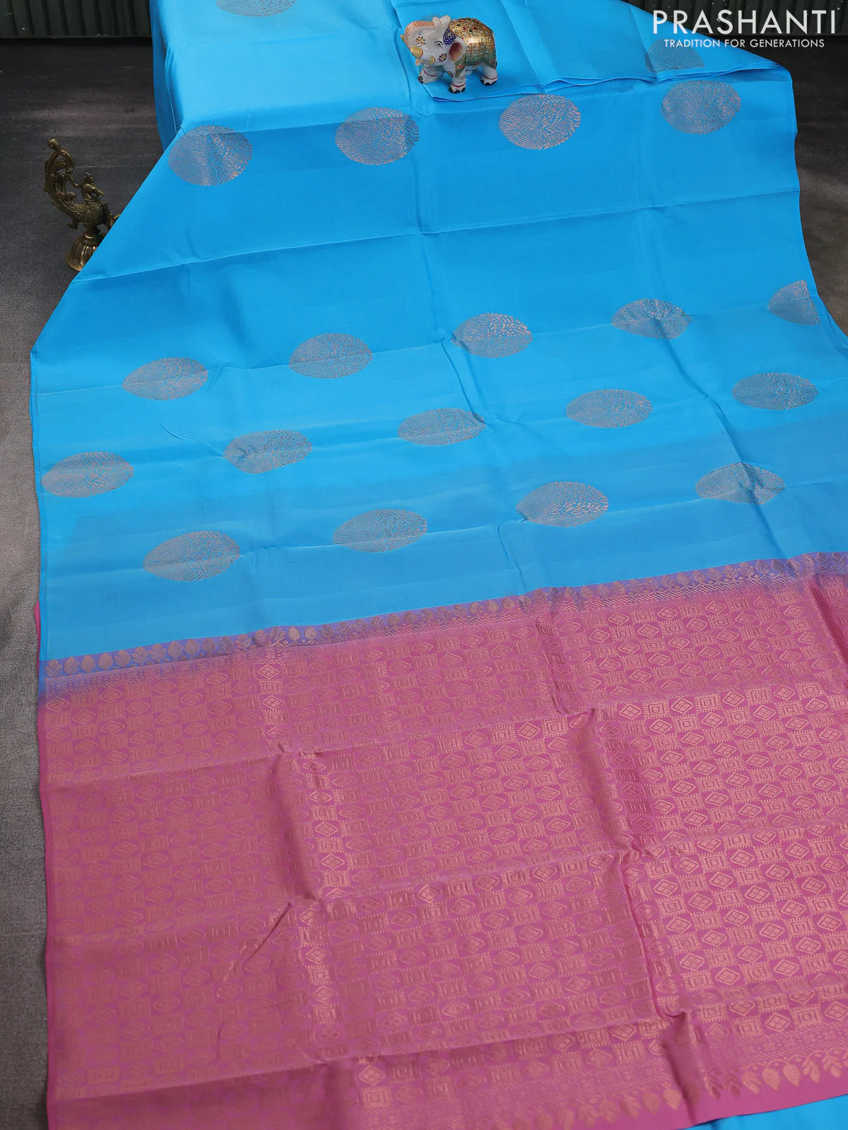 Kanchipuram silk saree teal blue and peach pink with copper zari woven buttas in borderless style - Image 2