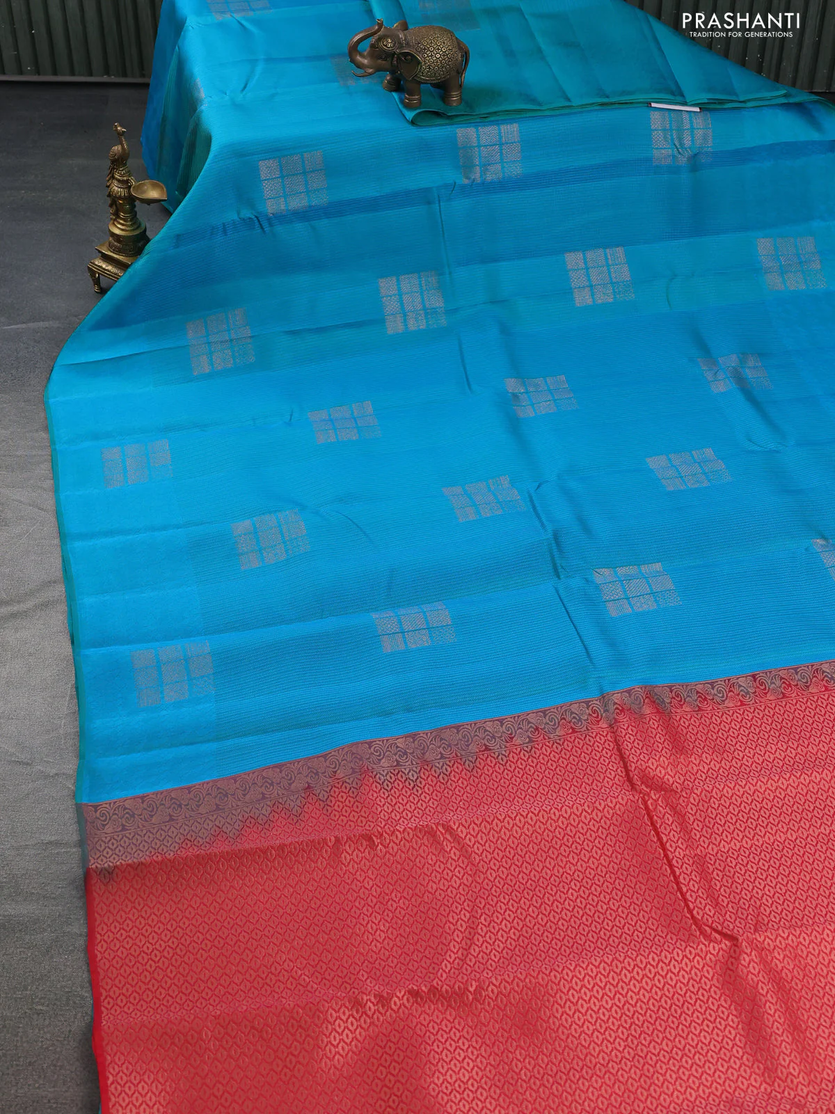 Kanchipuram silk saree teal bluish green and reddish orange with allover self emboss & copper zari buttas in borderless style - Image 2