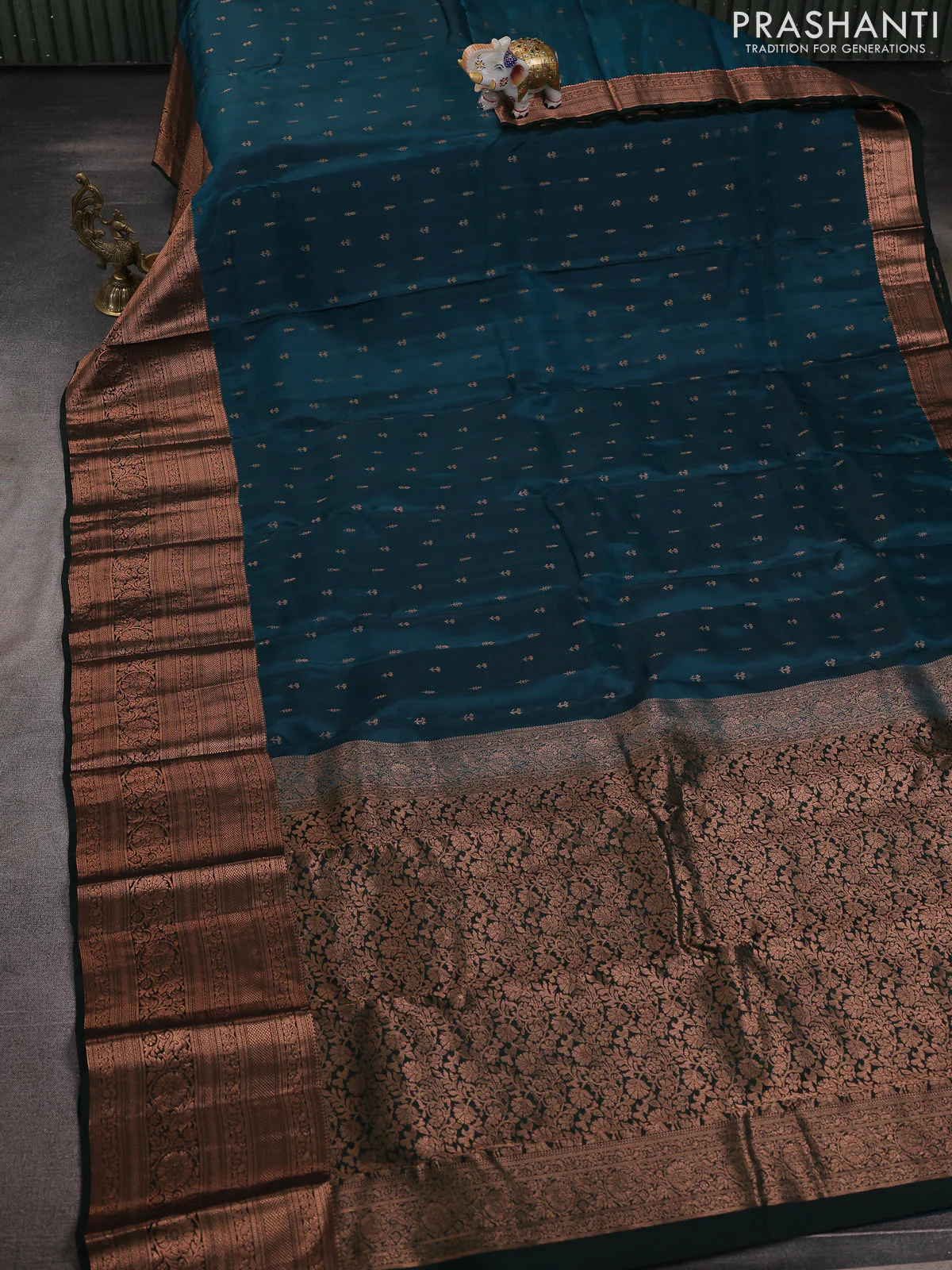 Kanchipuram silk saree teal green and bottle green with allover copper zari woven buttas and long copper zari woven border - Image 2