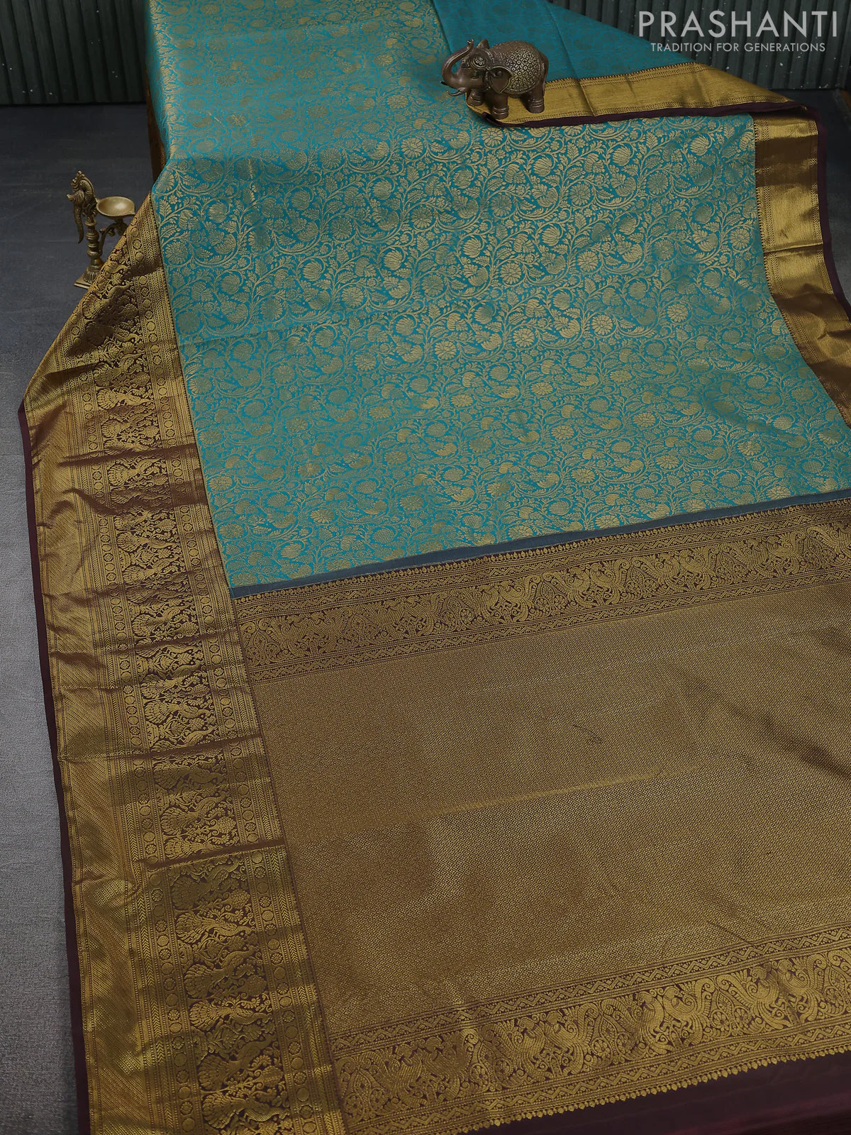 Kanchipuram silk saree teal green and coffee brown with allover zari woven brocade weaves and long zari woven border - Image 2