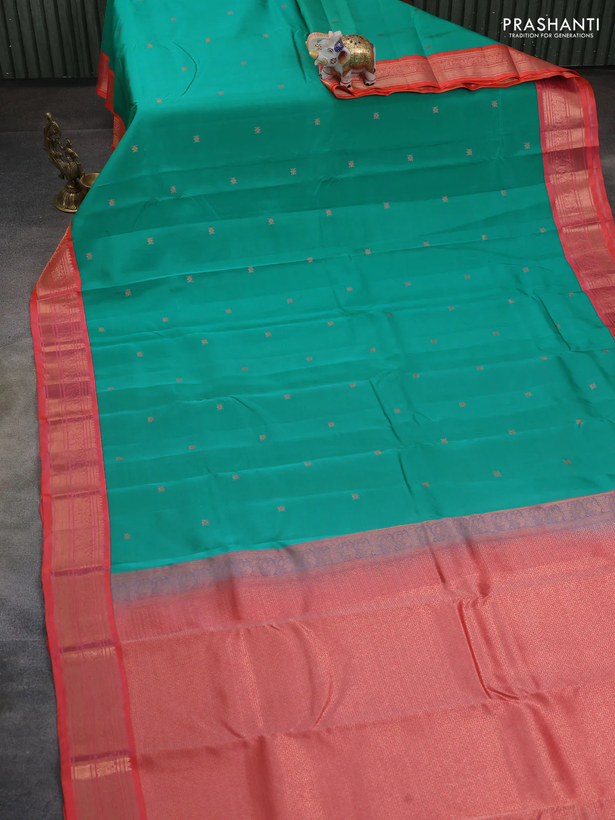 Kanchipuram silk saree teal green and orange with copper zari woven buttas and copper zari woven border - Image 2