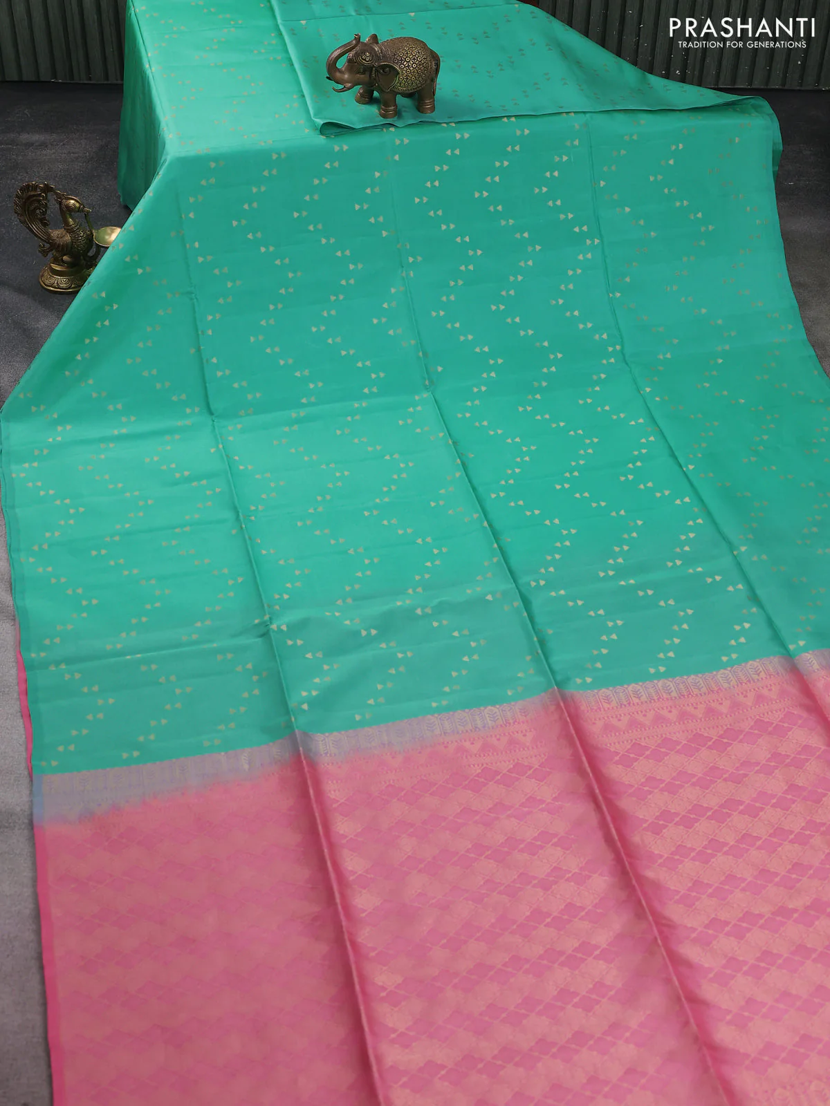 Kanchipuram silk saree teal green and peach pink with allover zari weaves in borderless style - Image 2