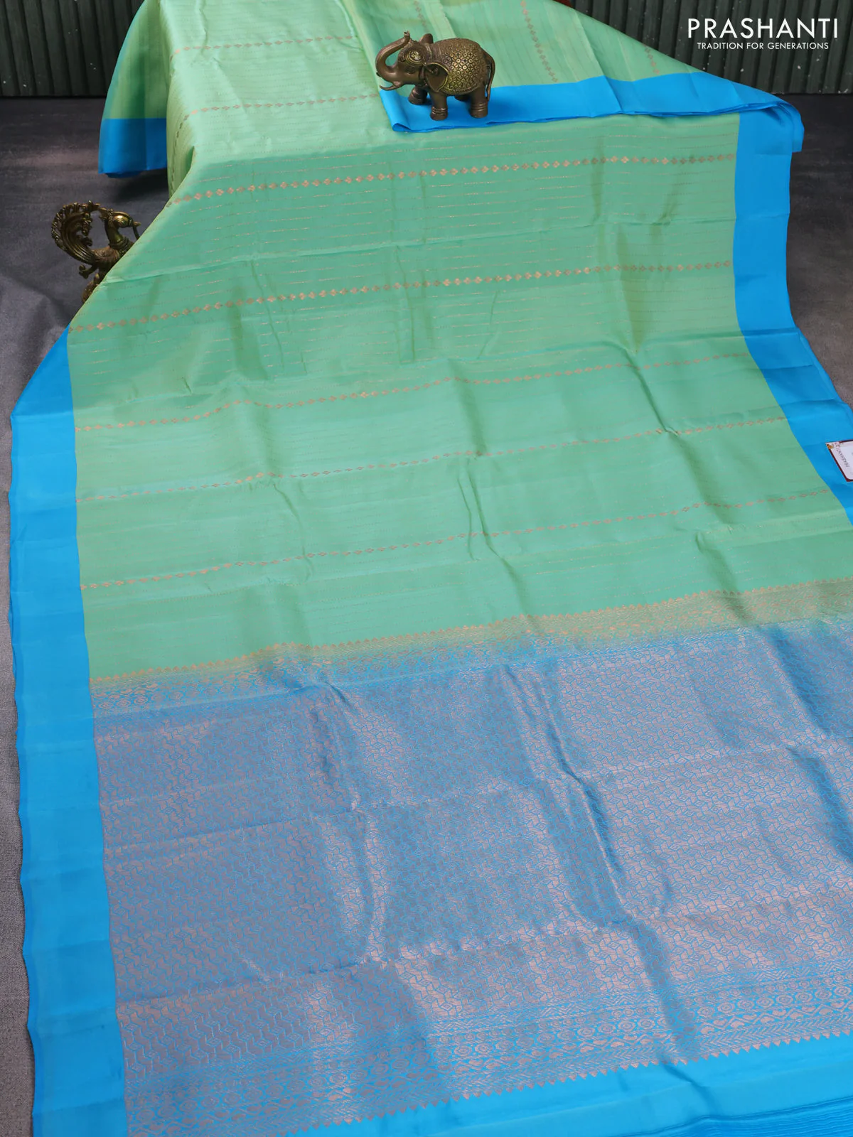 Kanchipuram silk saree teal green shade and blue with allover copper zari weaves and simple border - Image 2