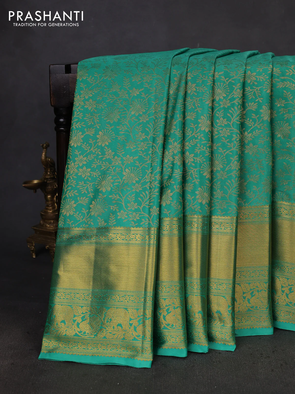 Kanchipuram silk saree teal green with allover zari woven brocade weaves and zari woven border