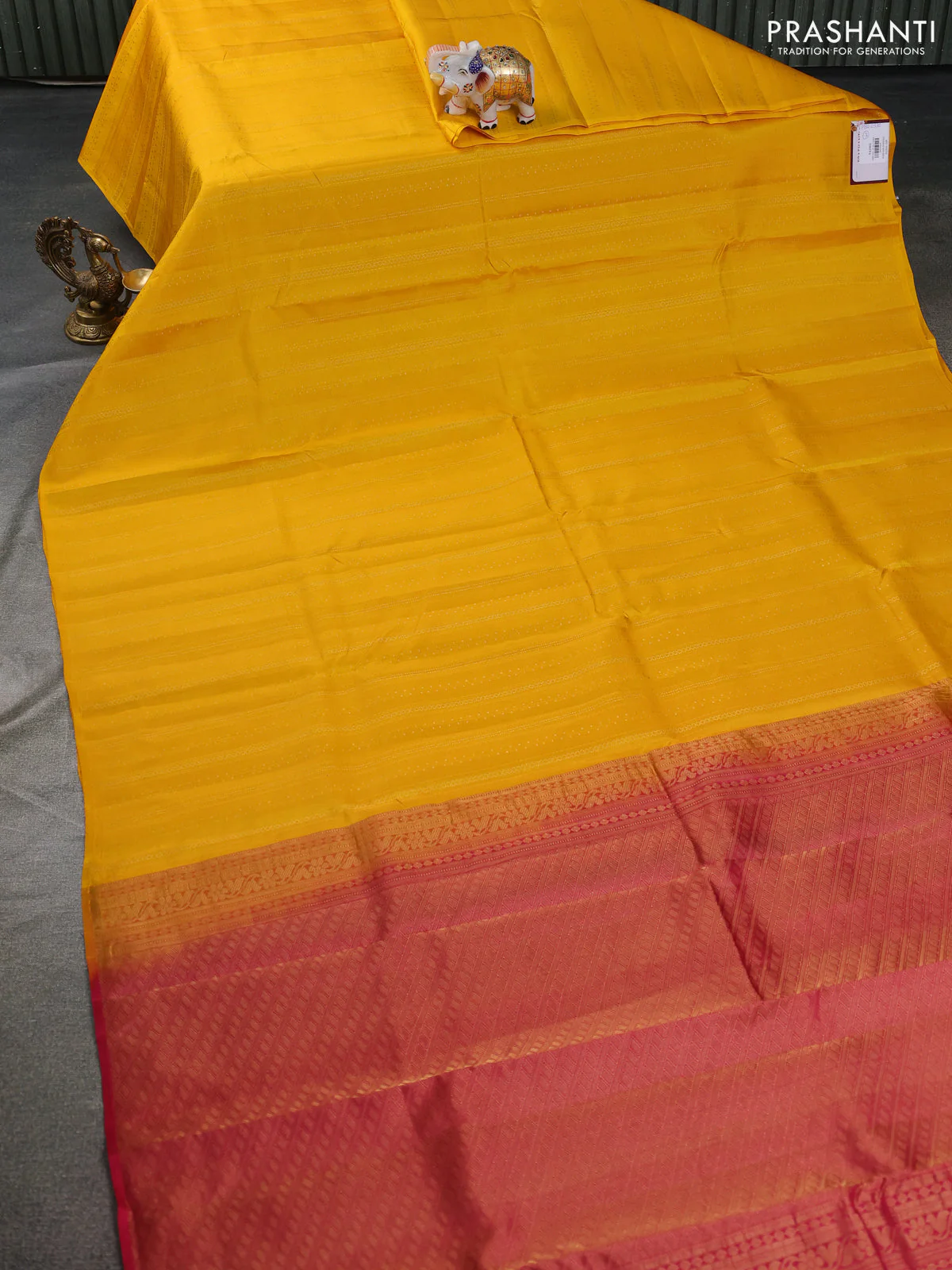 Kanchipuram silk saree yellow and dark pink with allover self emboss & zari weaves in borderless style - Image 2