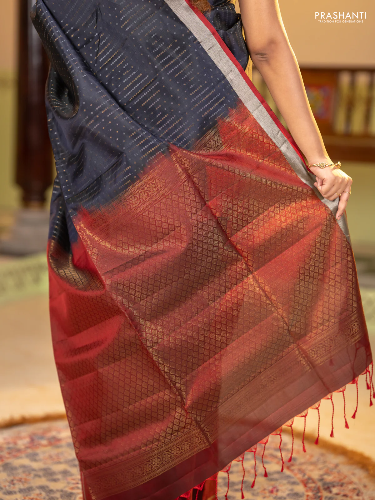 Kanchipuram soft silk saree black and maroon with allover silver & zari weaves and long zari woven butta border - Image 2