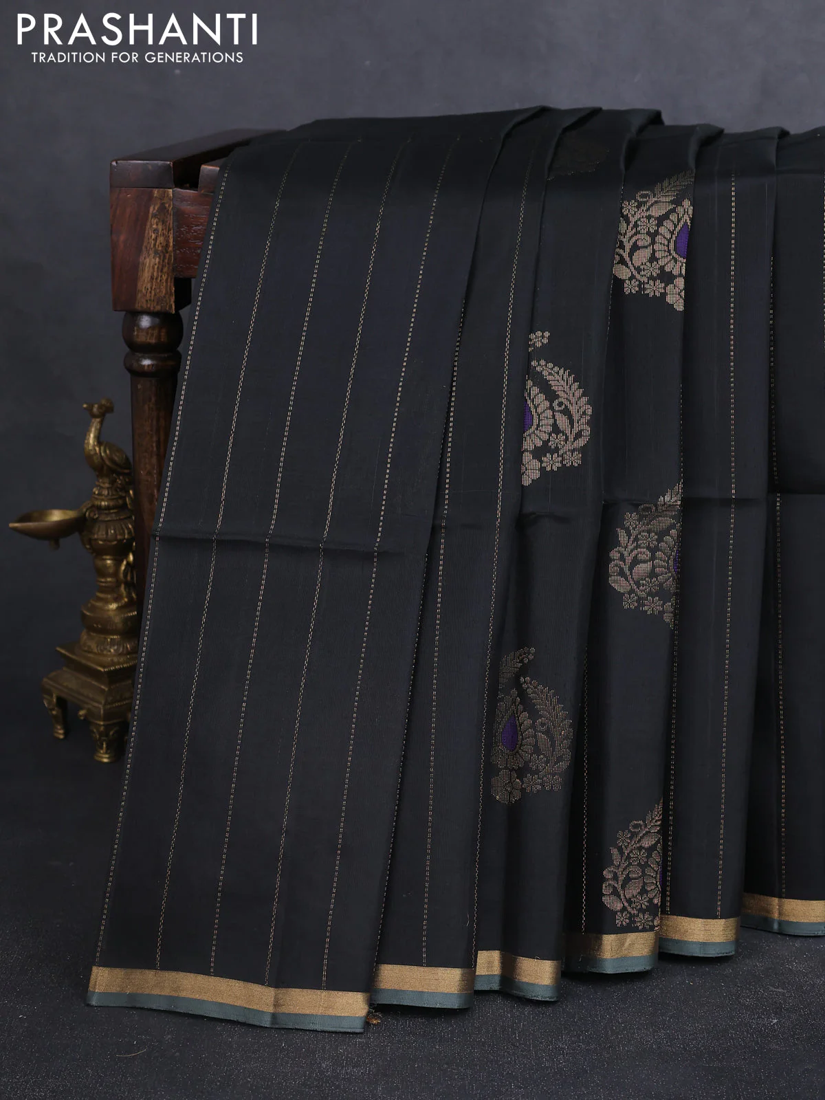 Kanchipuram soft silk saree black and pastel green with allover zari stripes & buttas and zari woven border