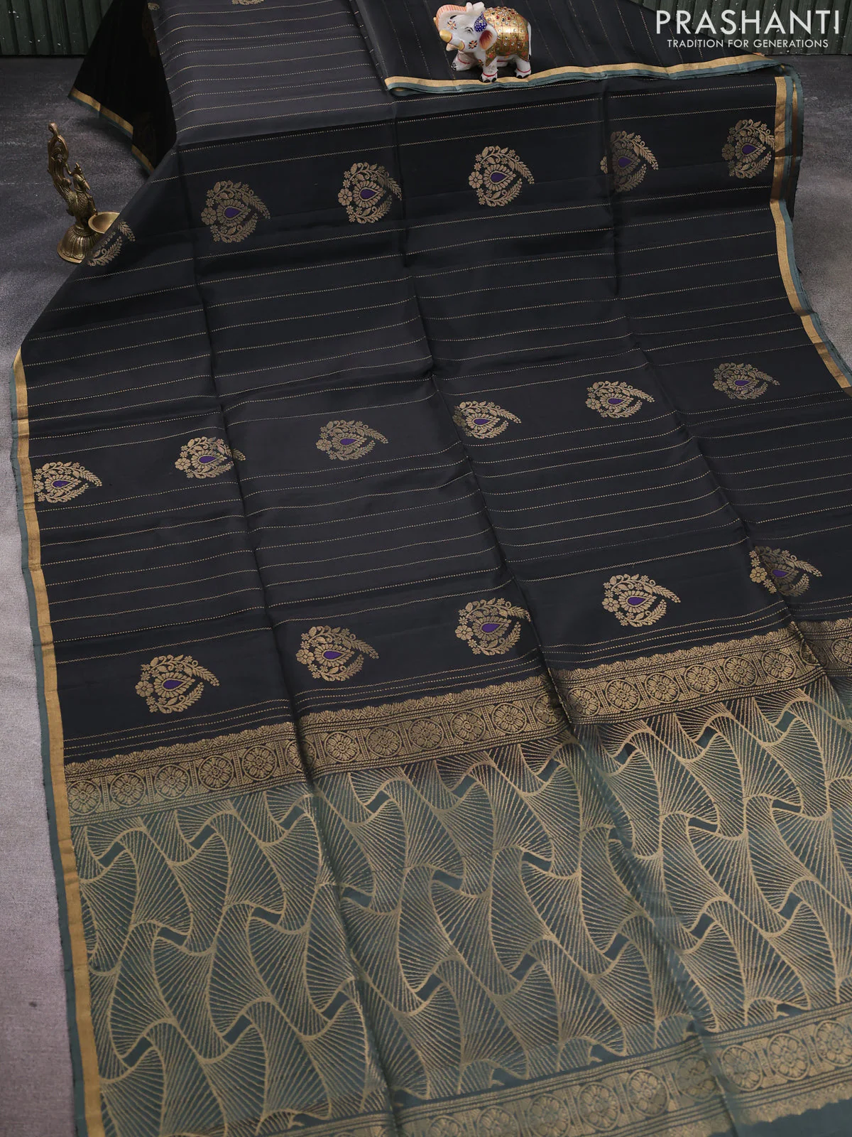 Kanchipuram soft silk saree black and pastel green with allover zari stripes & buttas and zari woven border - Image 2