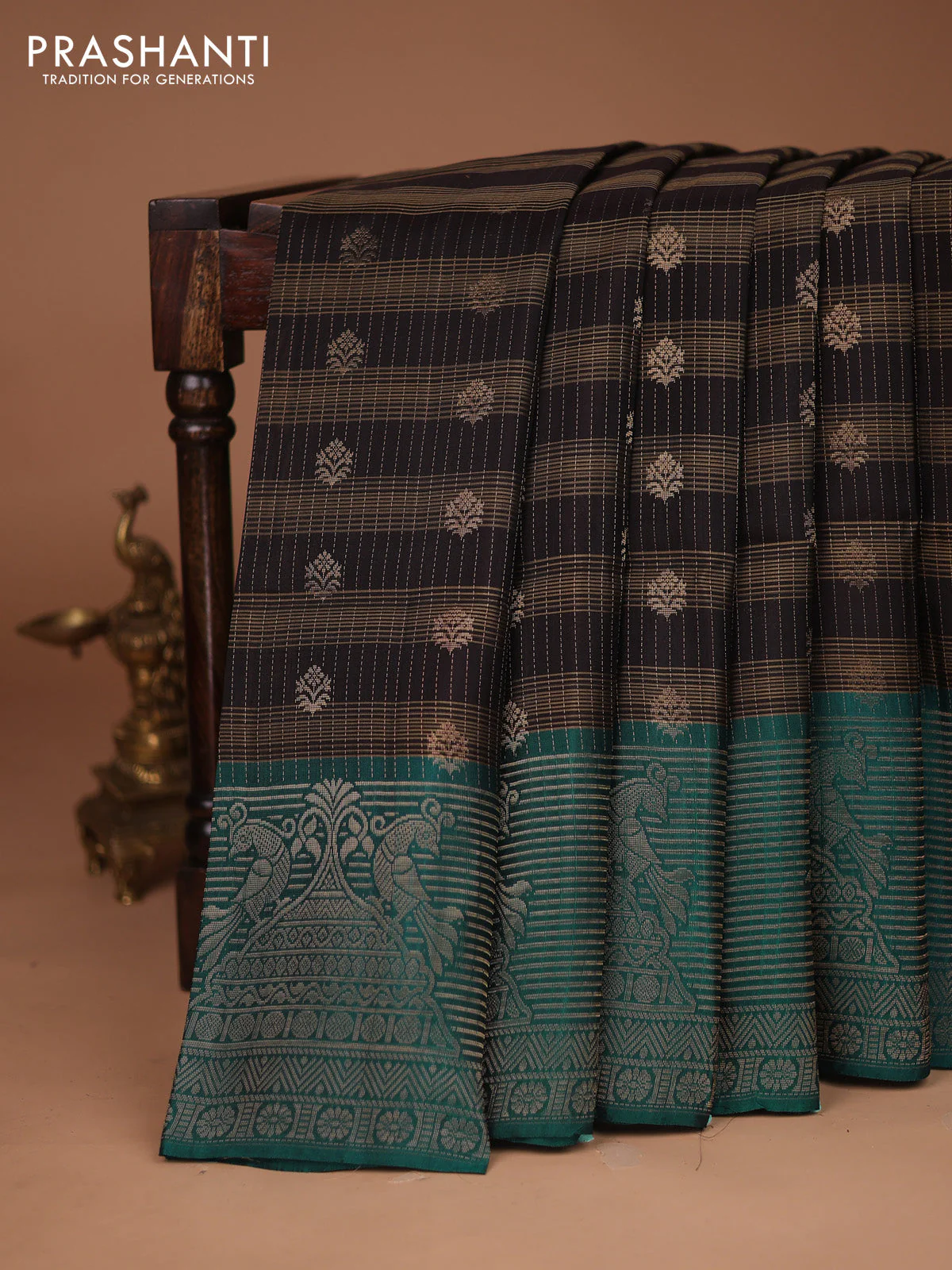 Kanchipuram soft silk saree black and teal green with allover zari weaves and long zari woven border