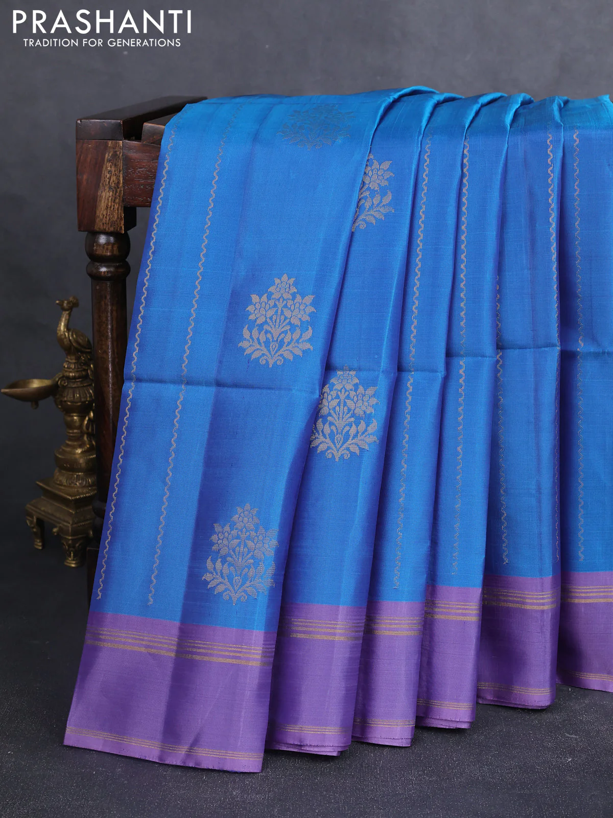 Kanchipuram soft silk saree blue and pastel lavender with zari weaves & buttas and rettapet zari woven border
