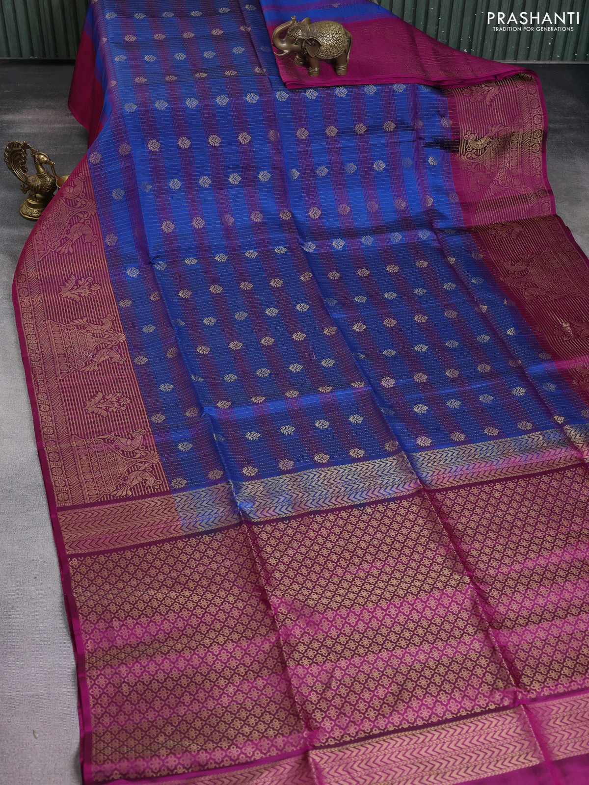 Kanchipuram soft silk saree blue and purple with allover zari weaves and long zari woven border - Image 2