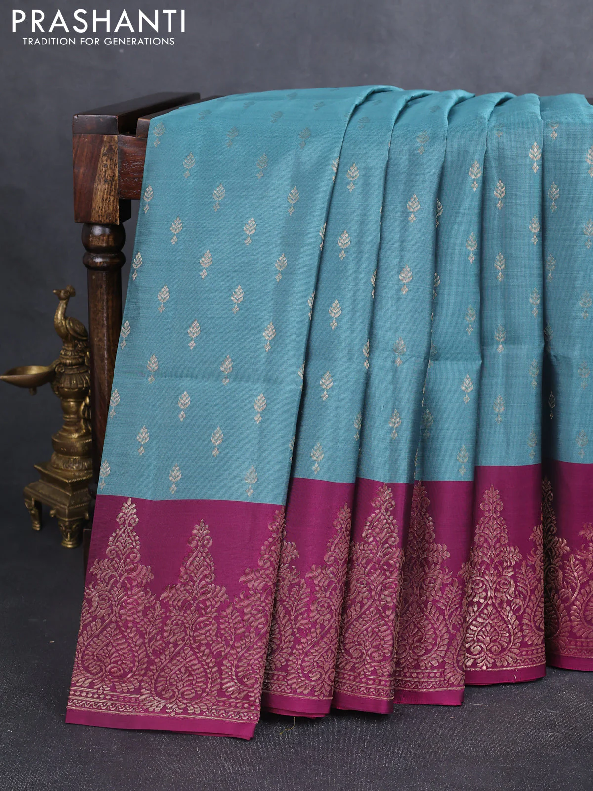 Kanchipuram soft silk saree bluish grey and magenta pink with allover zari woven buttas and zari woven border