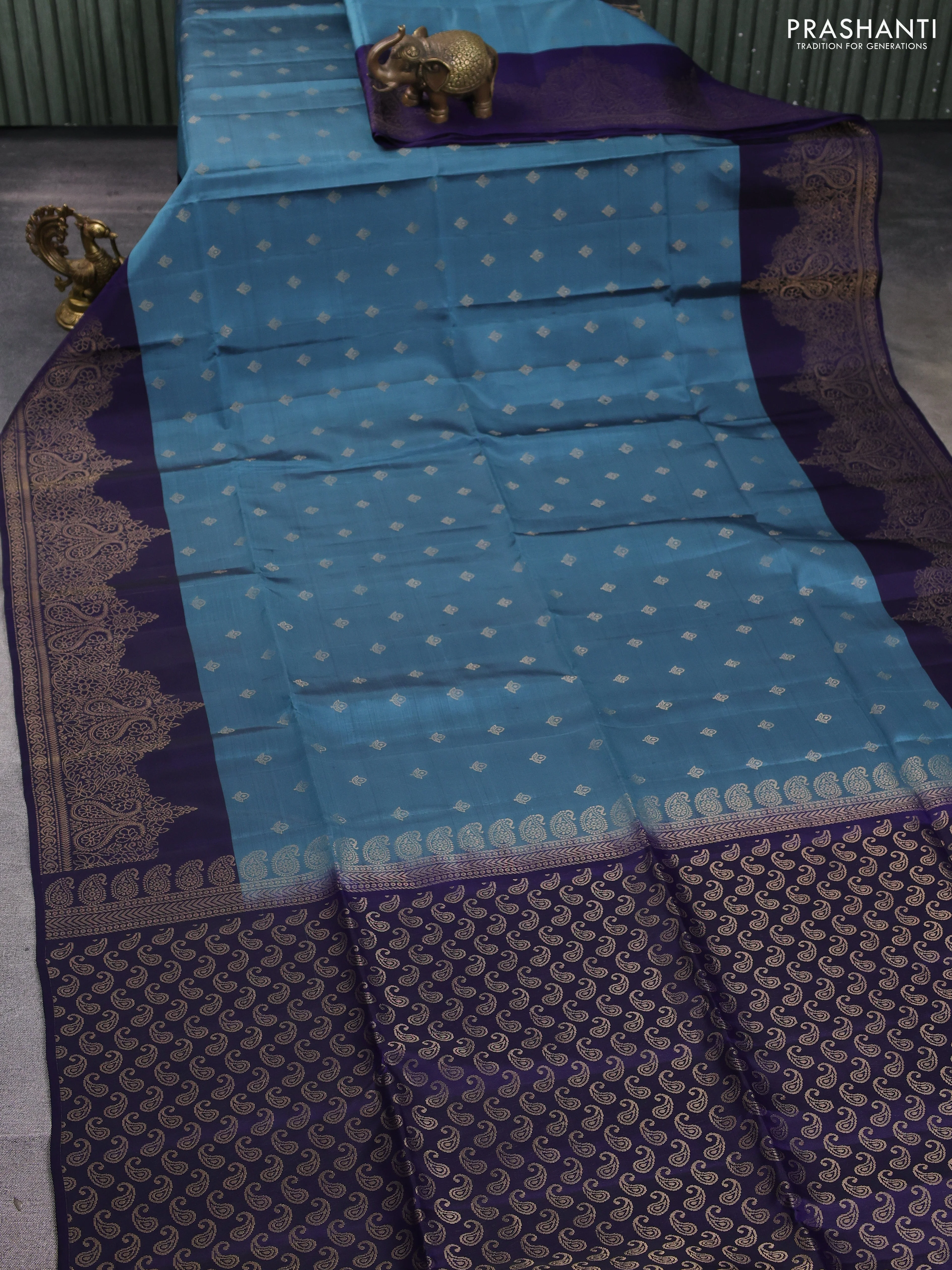 Kanchipuram soft silk saree bluish grey and peacock blue with allover zari woven buttas and zari woven border - Image 2
