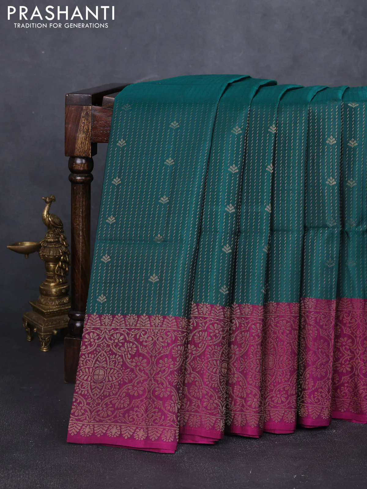 Kanchipuram soft silk saree bottle green and dark magenta pink with allover zari weaves & buttas and zari woven border