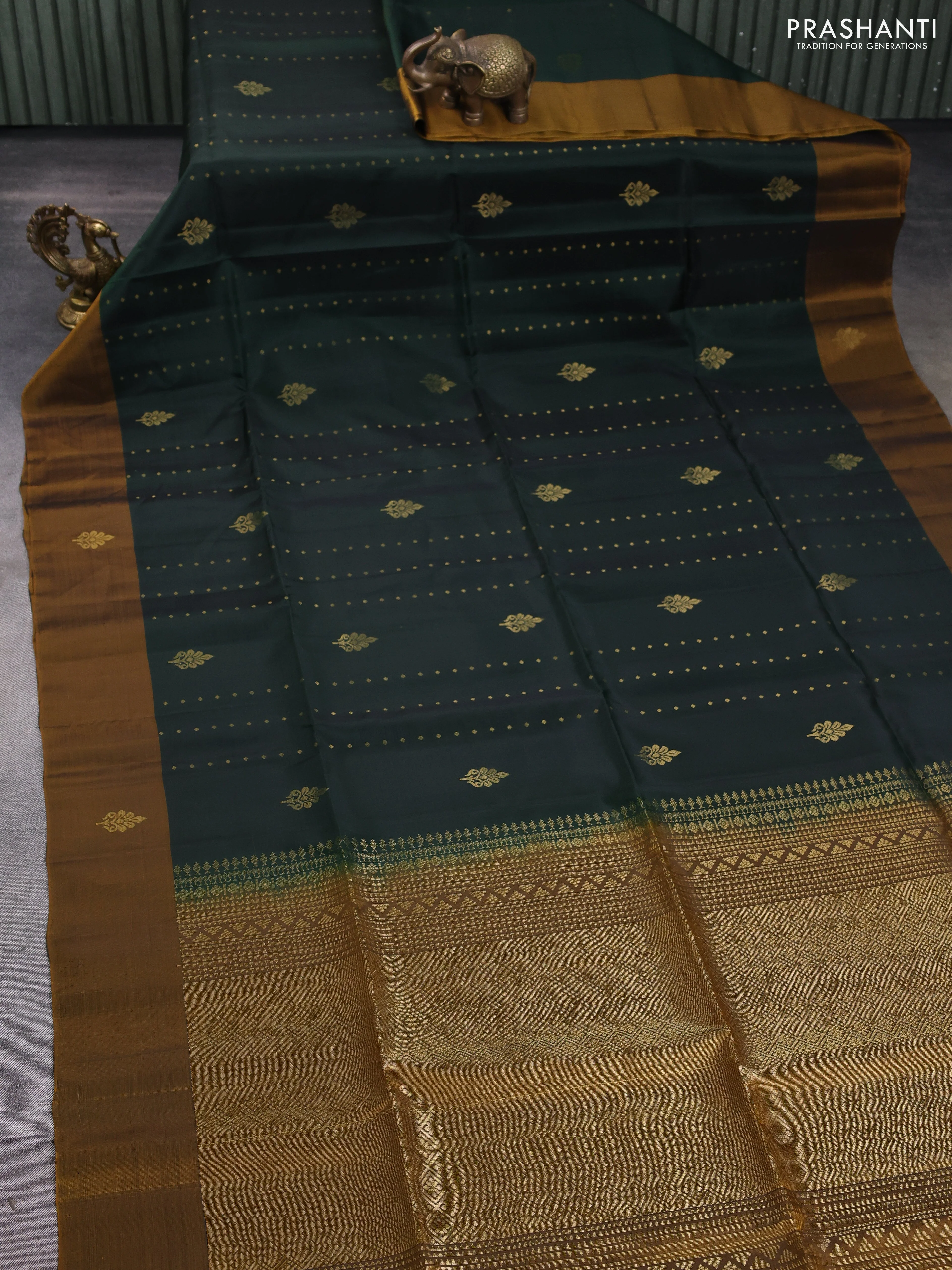 Kanchipuram soft silk saree bottle green and dark mustard with allover zari woven buttas and simple border - Image 2