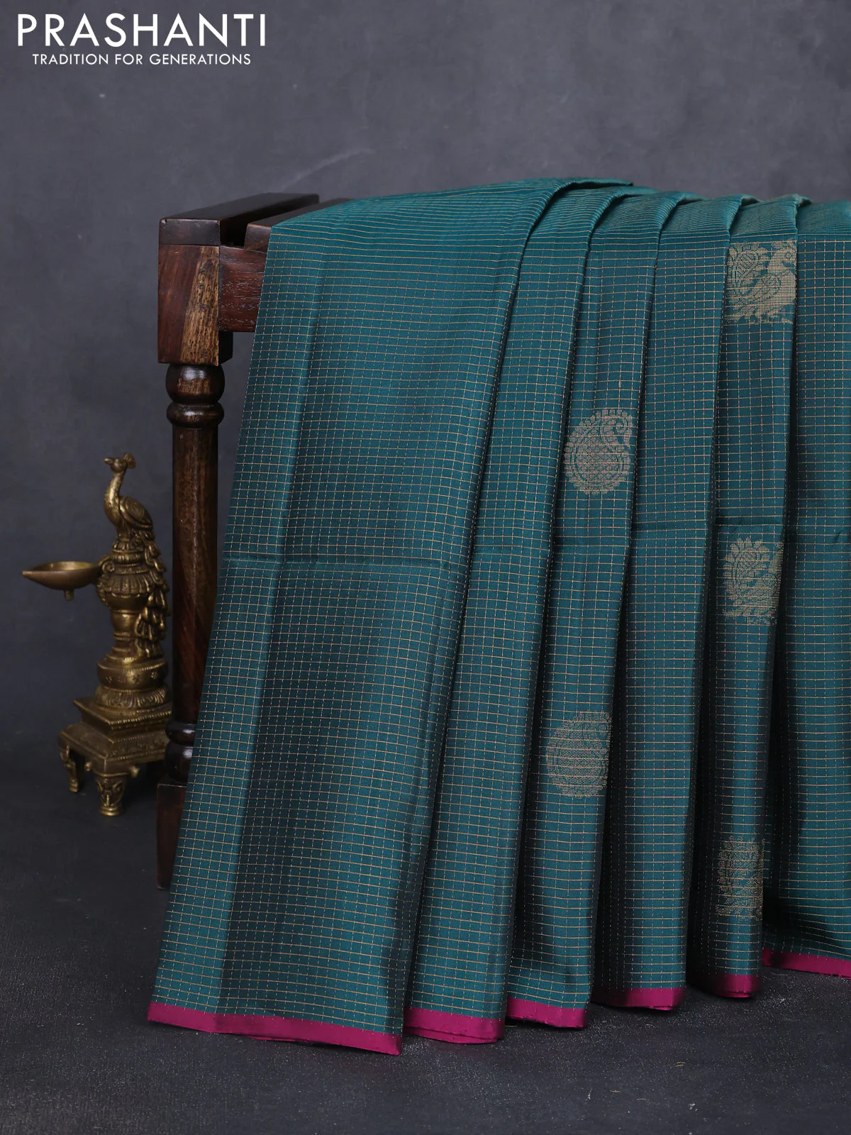 Kanchipuram soft silk saree bottle green and magenta pink with allover zari checks & buttas and piping border
