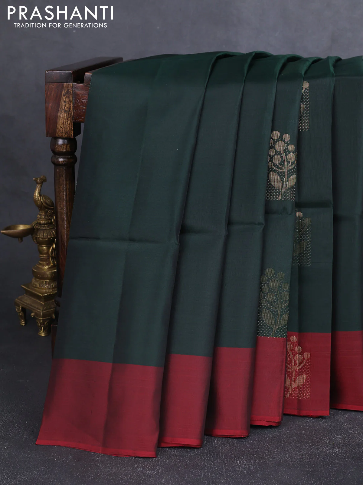Kanchipuram soft silk saree bottle green and maroon with zari woven buttas and zari woven butta border