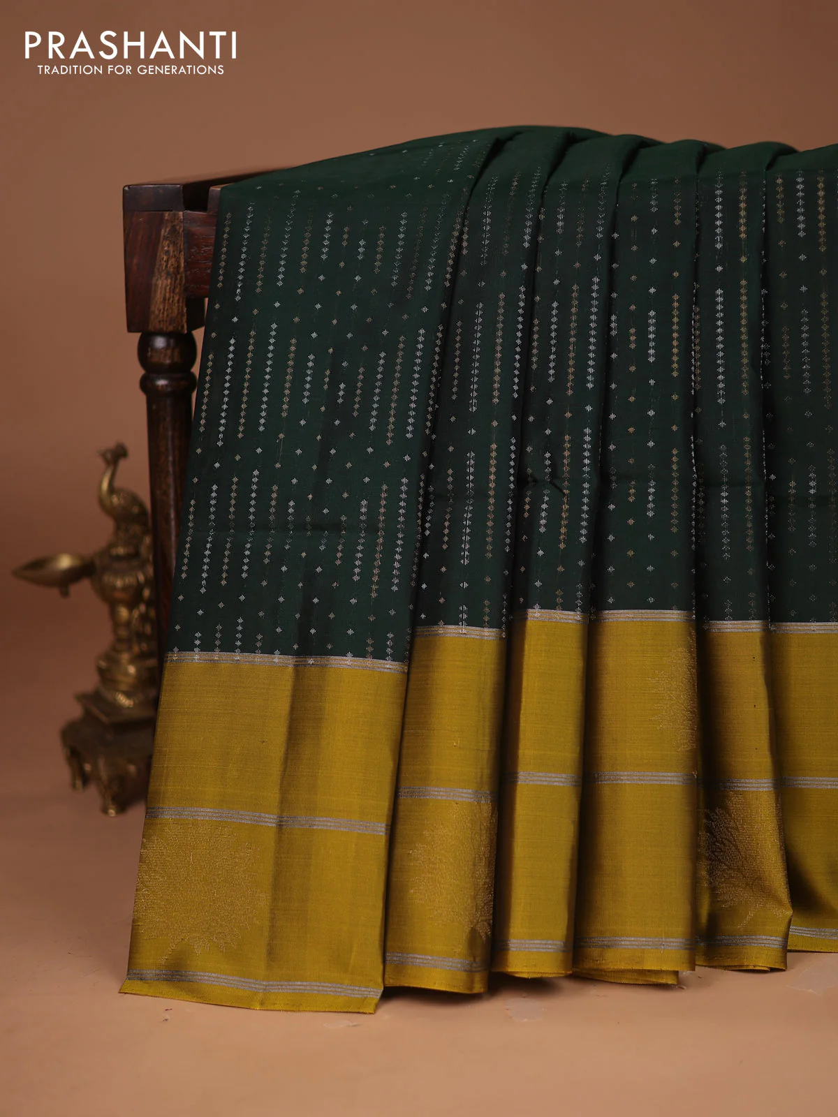 Kanchipuram soft silk saree bottle green and mustard yellow with allover silver & gold zari weaves and zari woven butta border