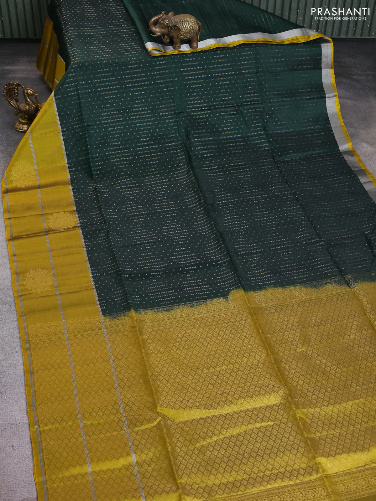 Kanchipuram soft silk saree bottle green and mustard yellow with allover silver & gold zari weaves and zari woven butta border - Image 2