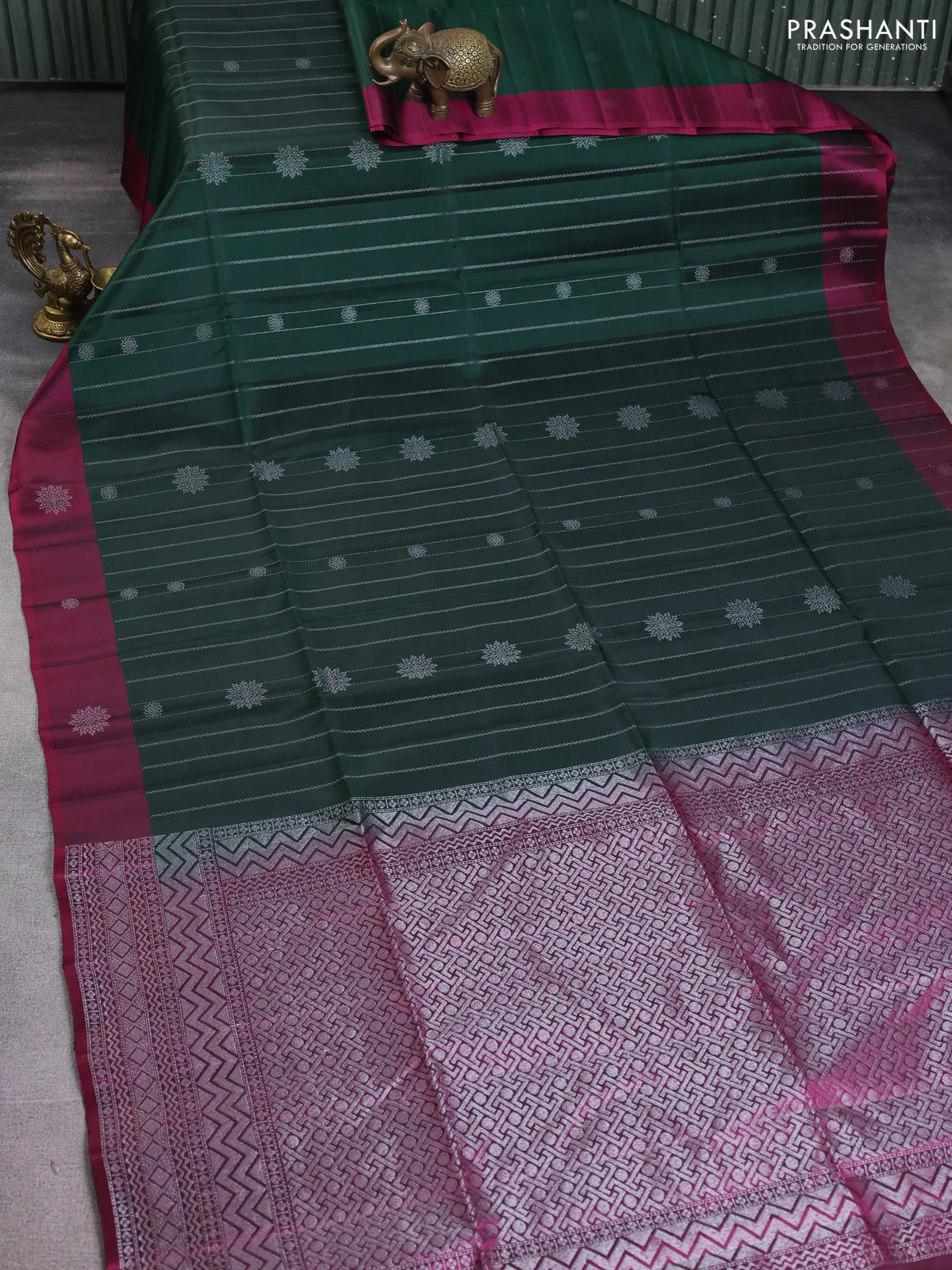 Kanchipuram soft silk saree bottle green and wine shade with allover silver zari weaves and silver zari woven butta border - Image 2