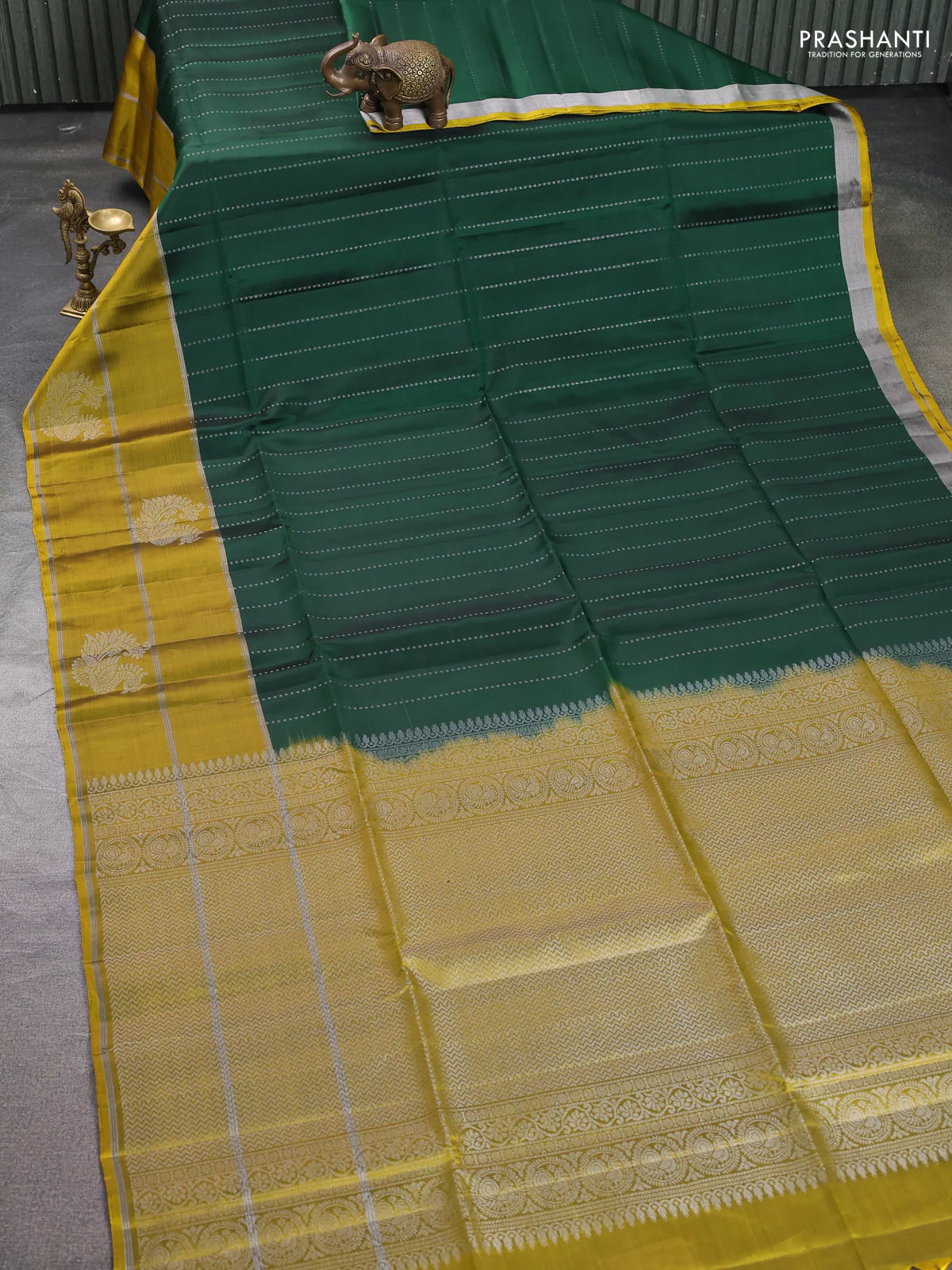 Kanchipuram soft silk saree bottle green and yellow with allover silver zari stripes pattern and long zari woven border - Image 2