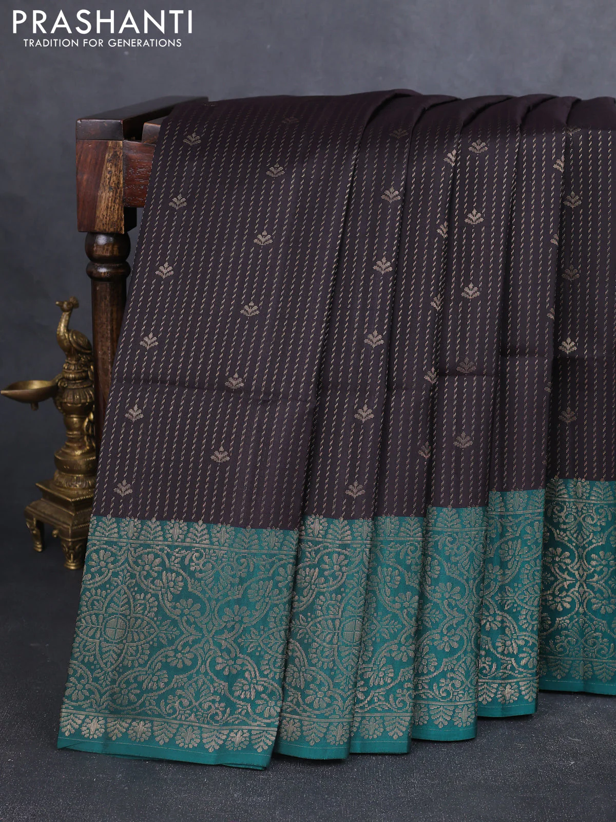 Kanchipuram soft silk saree coffee brown and green with allover zari weaves & buttas and zari woven border
