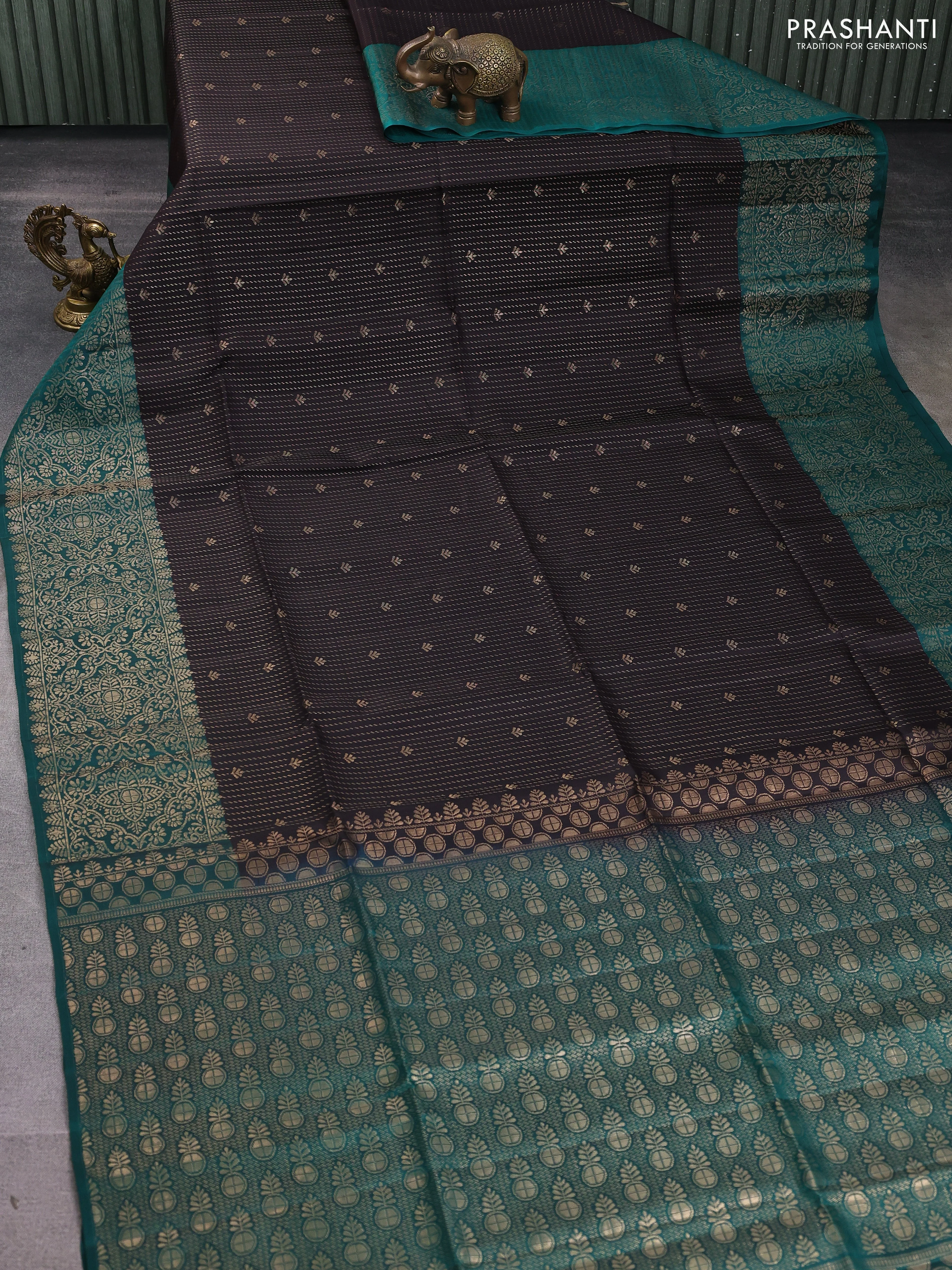 Kanchipuram soft silk saree coffee brown and green with allover zari weaves & buttas and zari woven border - Image 2