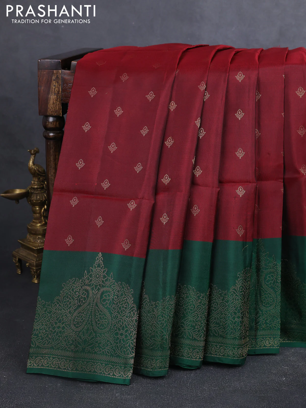 Kanchipuram soft silk saree coffee brown and green with allover zari woven buttas and zari woven border