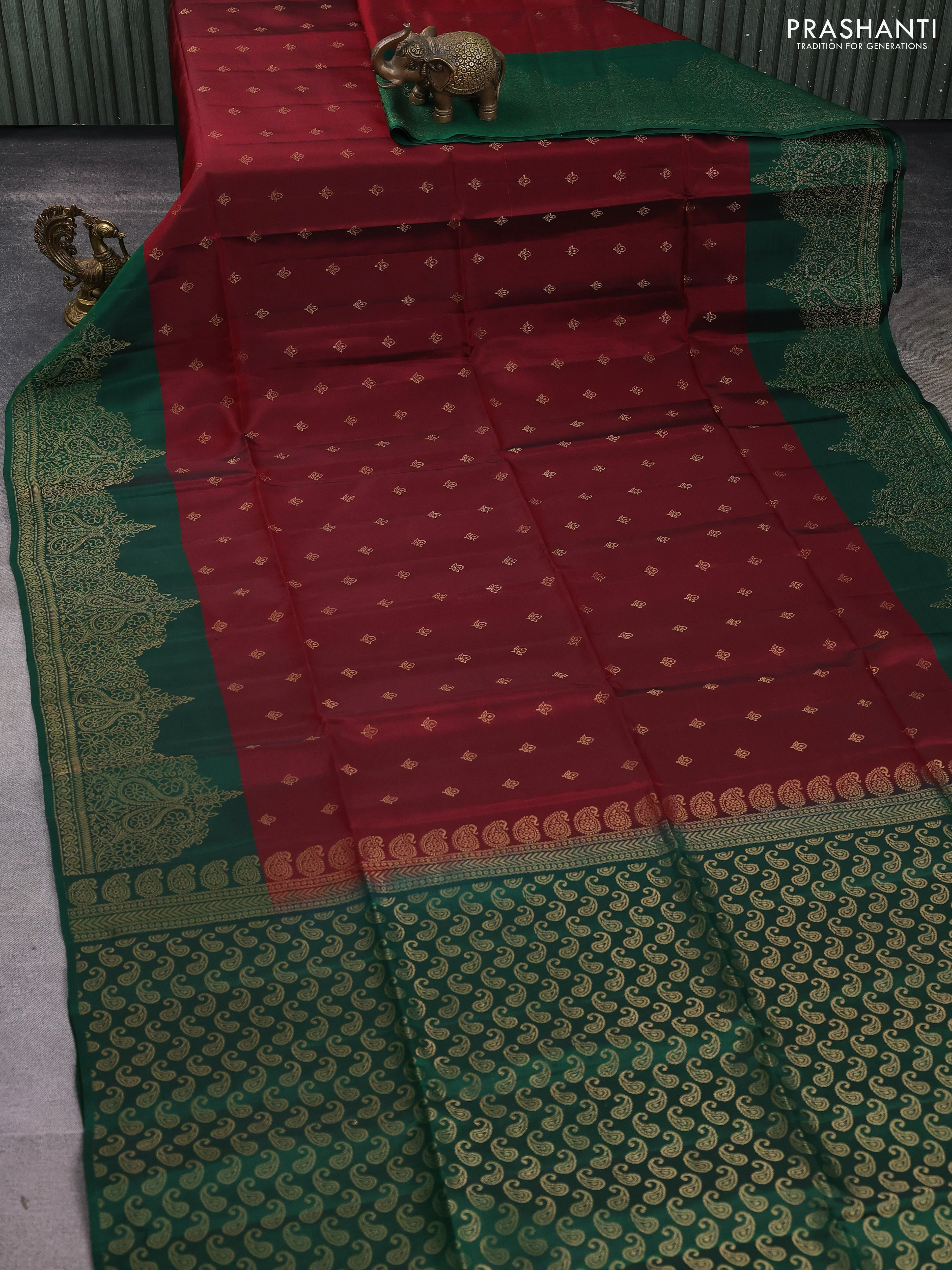 Kanchipuram soft silk saree coffee brown and green with allover zari woven buttas and zari woven border - Image 2
