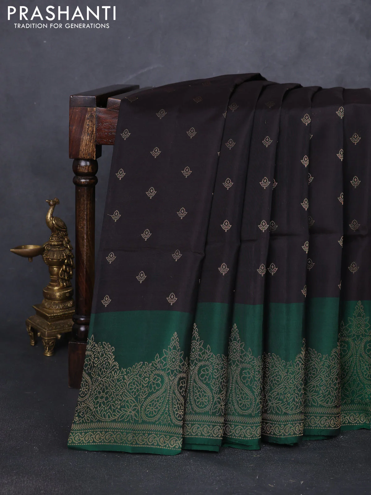 Kanchipuram soft silk saree coffee brown and green with allover zari woven buttas and zari woven border