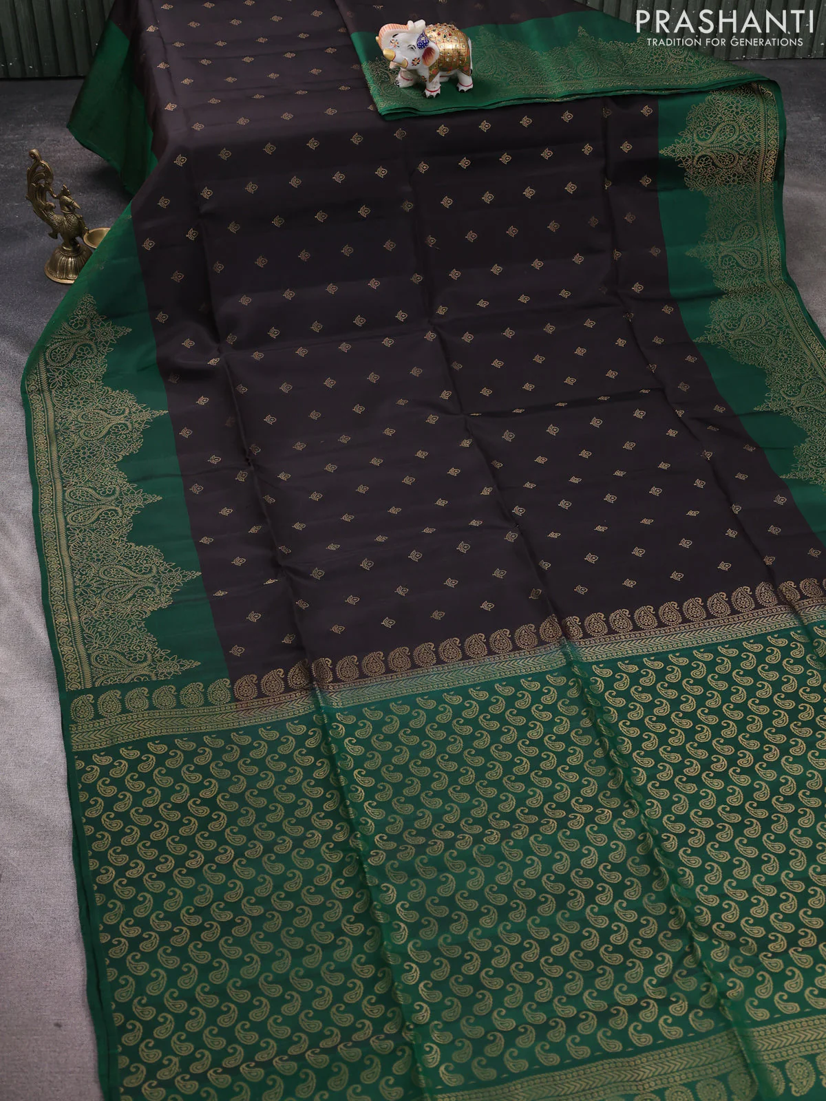 Kanchipuram soft silk saree coffee brown and green with allover zari woven buttas and zari woven border - Image 2