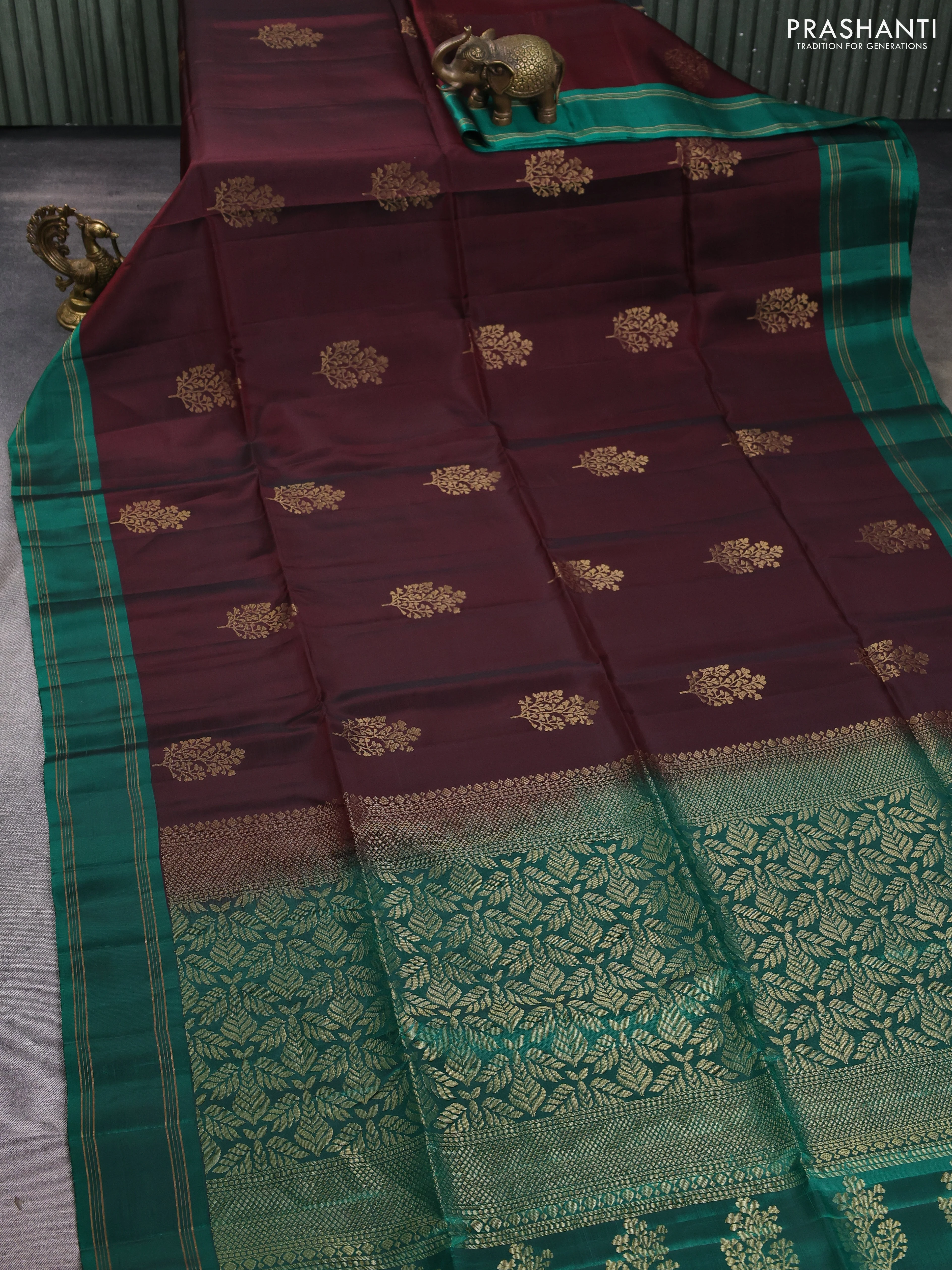 Kanchipuram soft silk saree coffee brown and green with zari woven buttas and rettapet zari woven border - Image 2