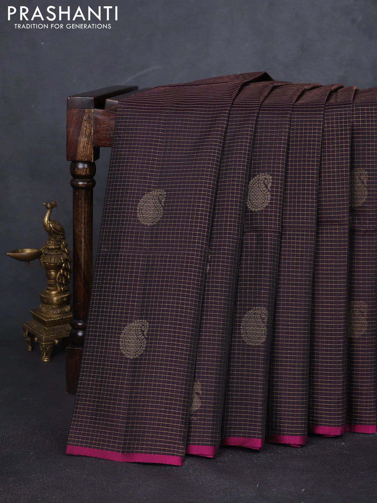 Kanchipuram soft silk saree coffee brown and magenta pink with allover small checks & buttas and piping border