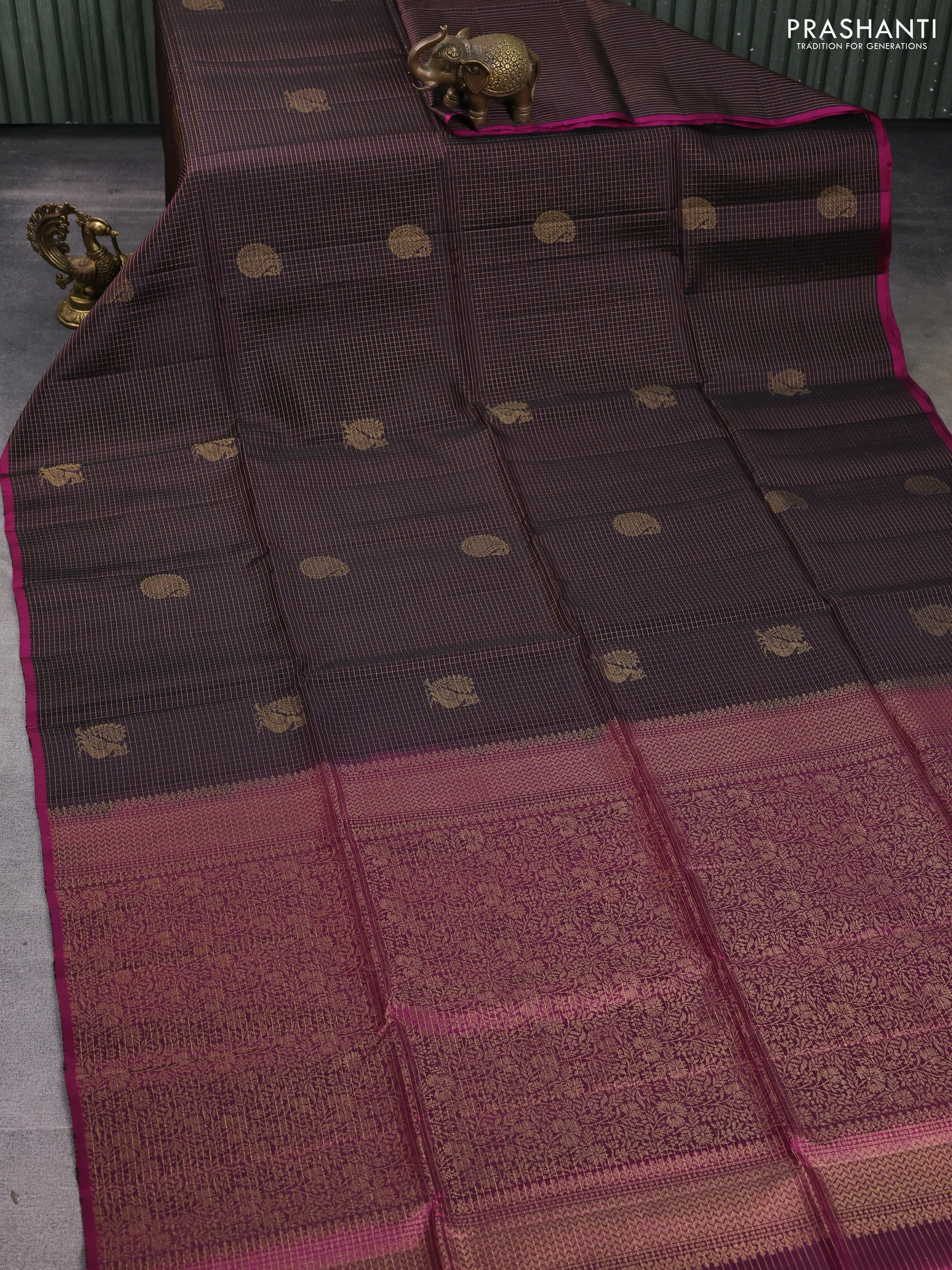Kanchipuram soft silk saree coffee brown and magenta pink with allover small checks & buttas and piping border - Image 2