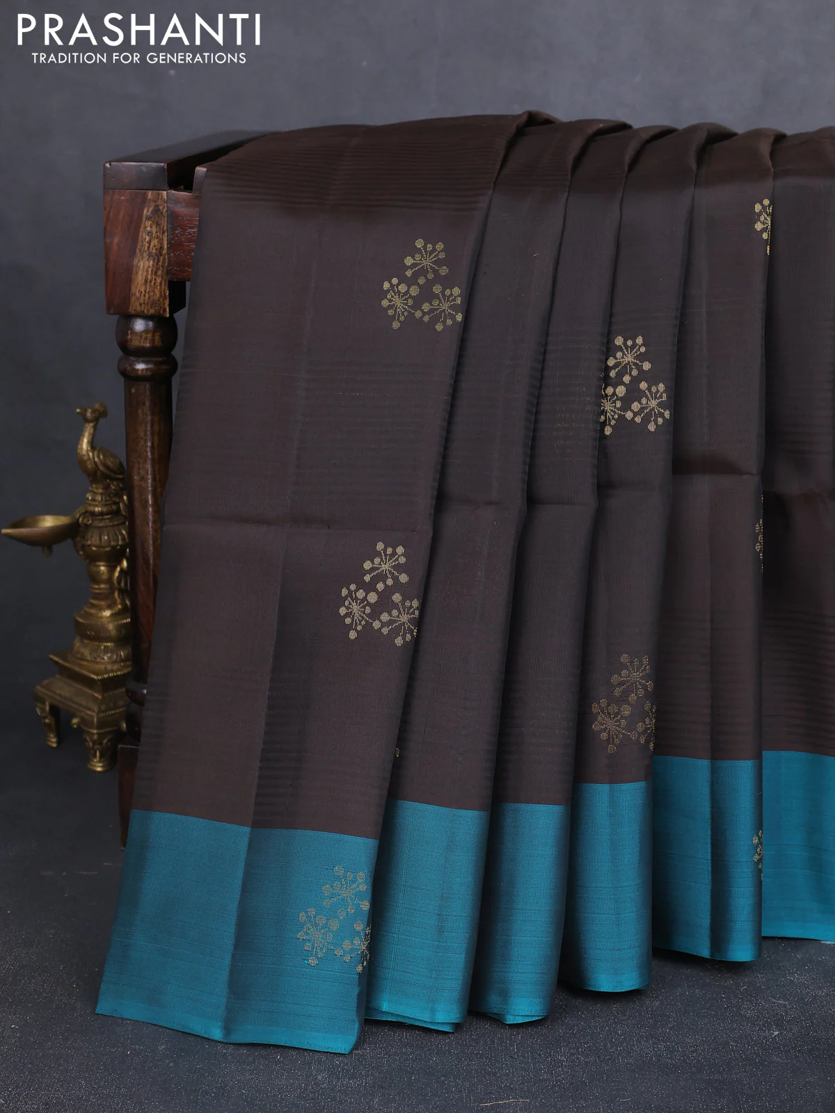 Kanchipuram soft silk saree coffee brown and teal blue with zari woven buttas and rettapet zari woven border