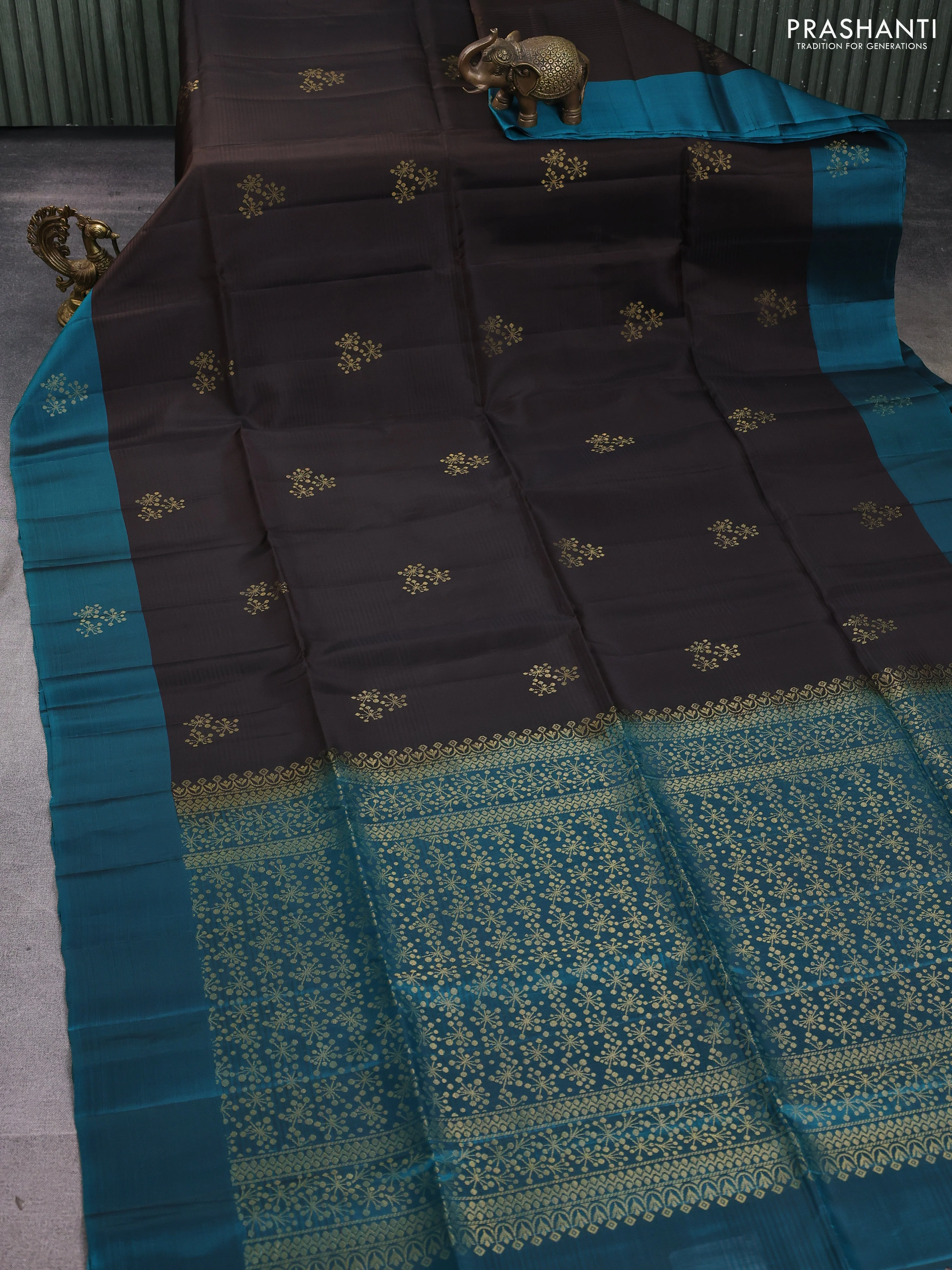 Kanchipuram soft silk saree coffee brown and teal blue with zari woven buttas and rettapet zari woven border - Image 2