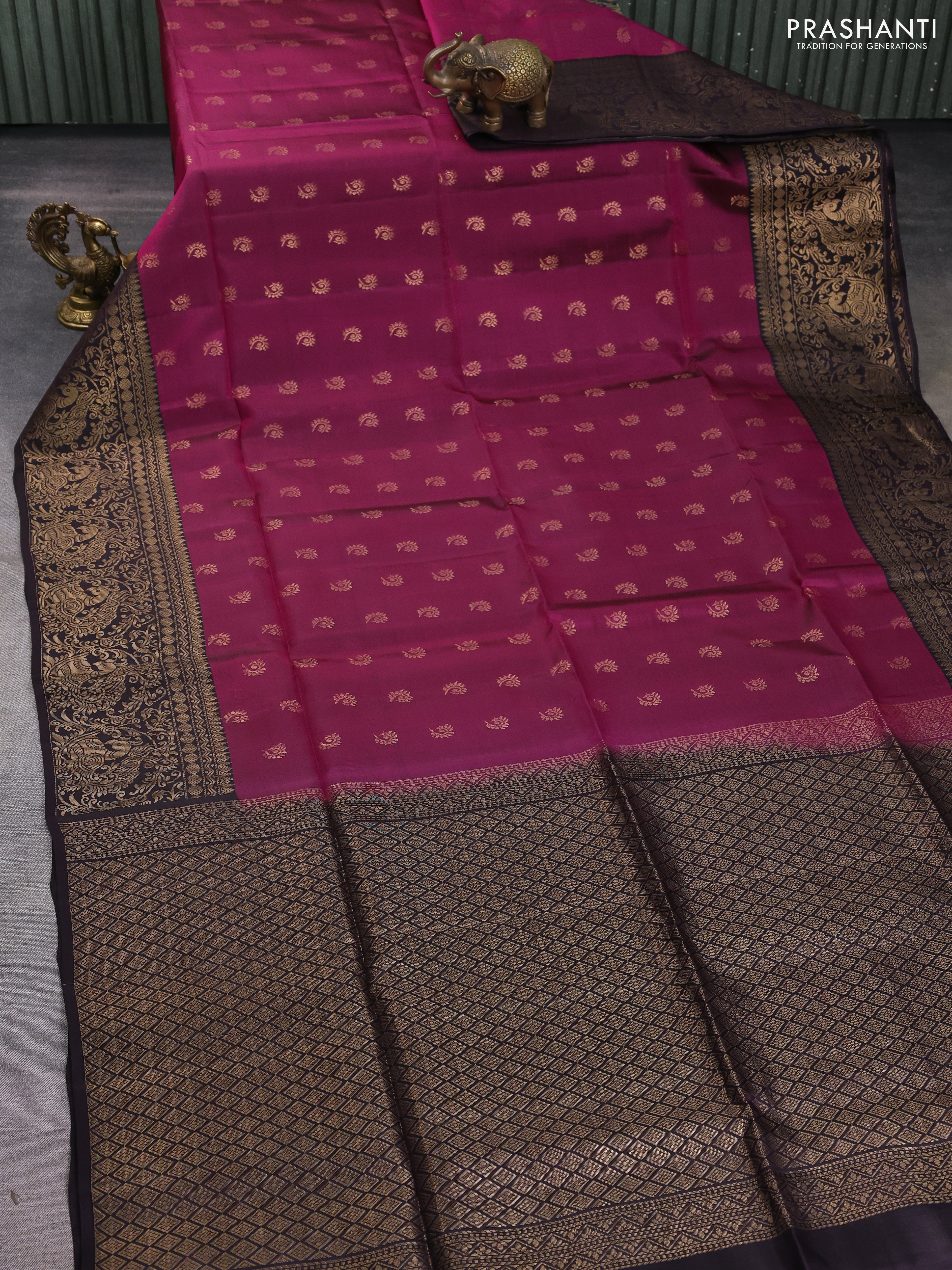 Kanchipuram soft silk saree dark magenta pink and coffee brown with allover zari woven buttas and long zari woven border - Image 2