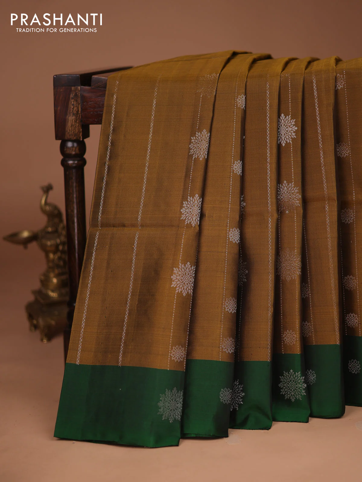 Kanchipuram soft silk saree dark mehendi green and green with allover silver zari weaves and silver zari woven border