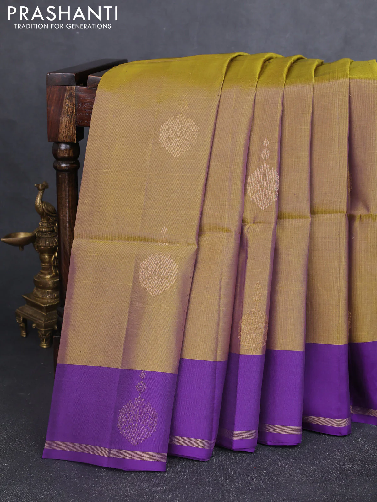 Kanchipuram soft silk saree dark mehendi green and violet with zari woven buttas and simple zari woven butta border