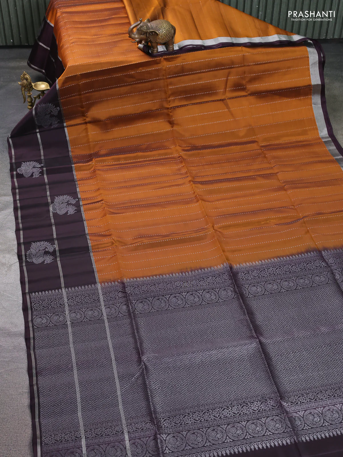 Kanchipuram soft silk saree dark mustard and wine shade with allover silver zari stripes pattern and zari woven border - Image 2