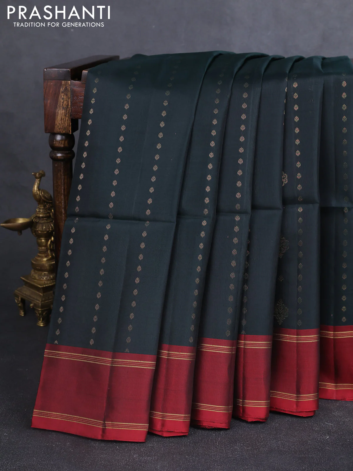 Kanchipuram soft silk saree deep bottle green and maroon with allover zari woven buttas and rettapet zari woven border