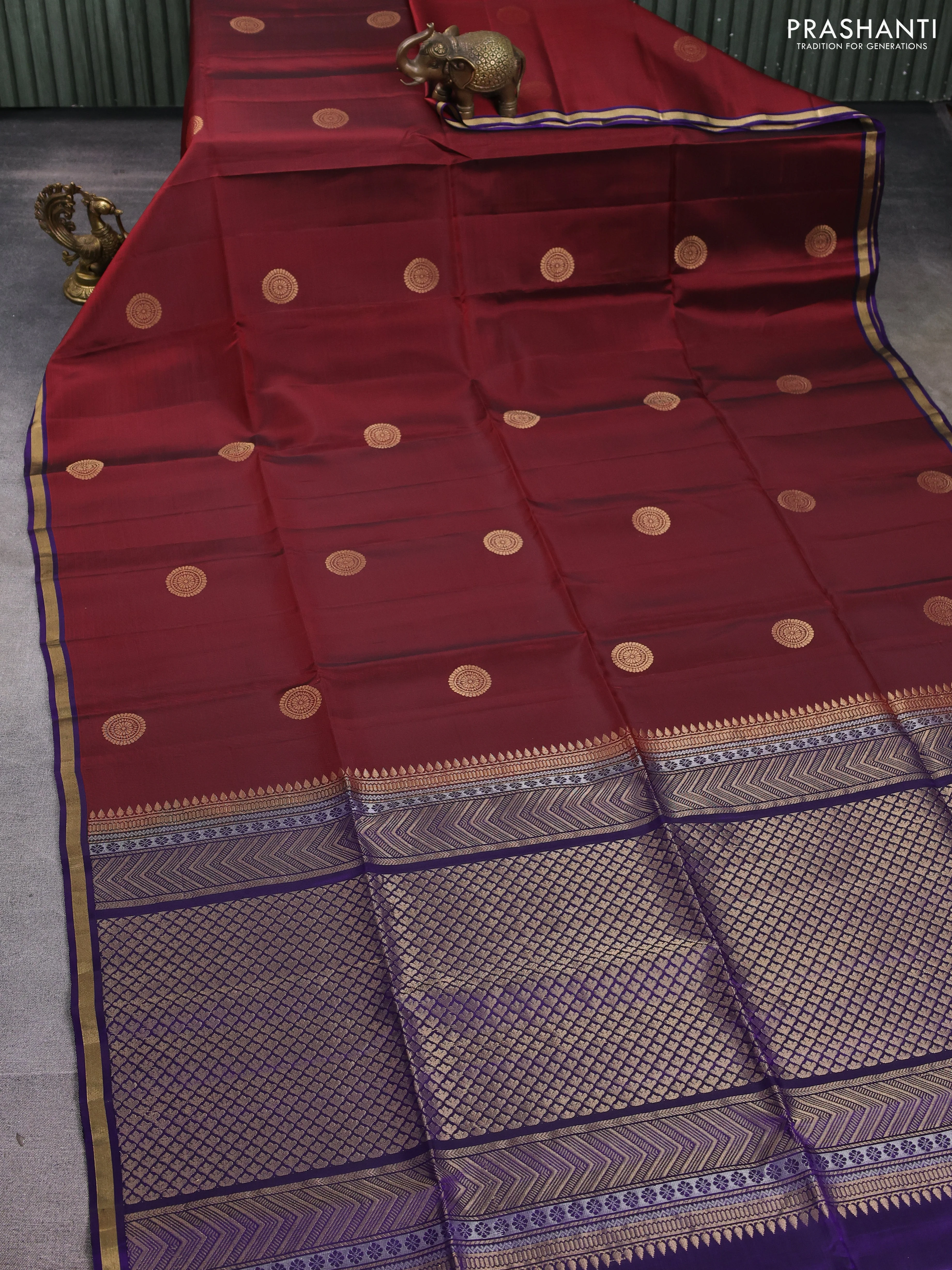 Kanchipuram soft silk saree deep maroon and violet with zari woven buttas and zari woven border - Image 2