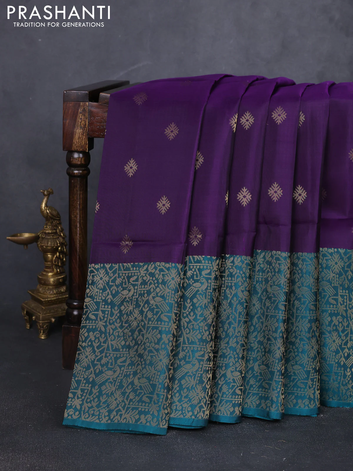 Kanchipuram soft silk saree deep purple and peacock green with allover zari woven buttas and long zari woven border