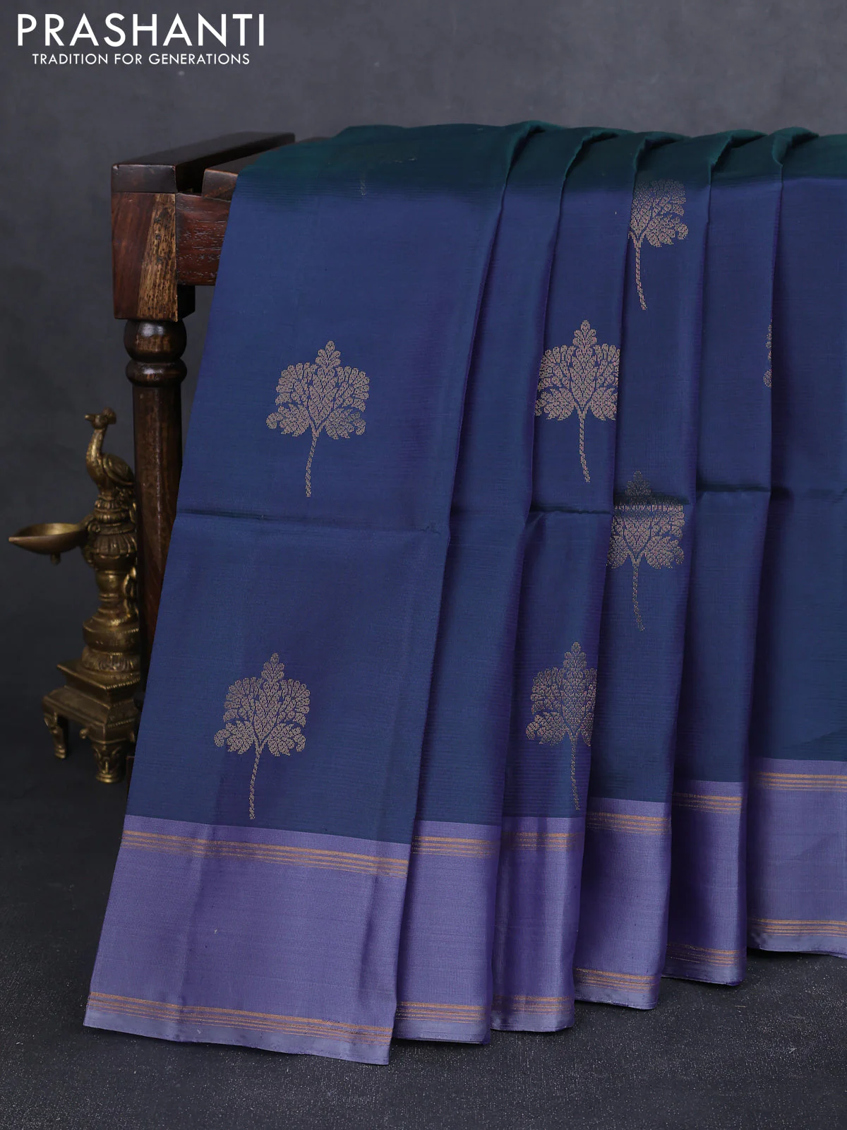 Kanchipuram soft silk saree dual shade of bluish green and bluish grey with allover zari woven buttas and rettapet zari woven border