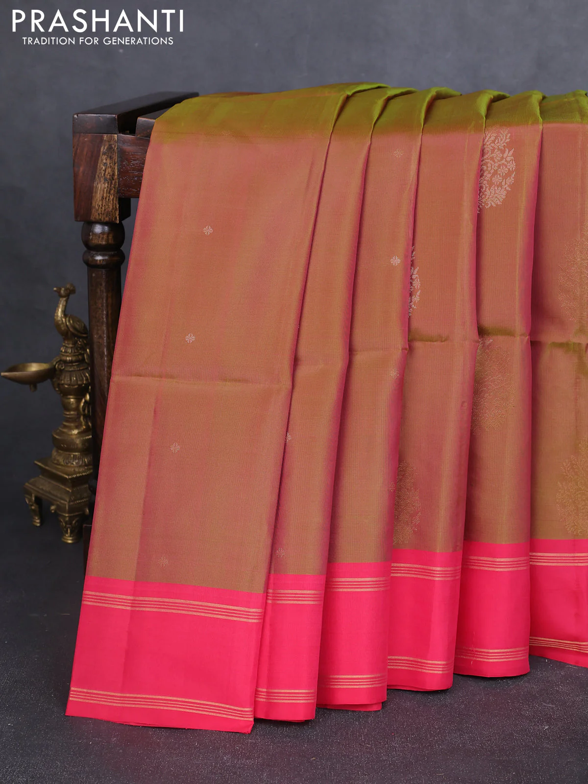 Kanchipuram soft silk saree dual shade of greenish pink and pink with zari woven buttas and rettapet zari woven border